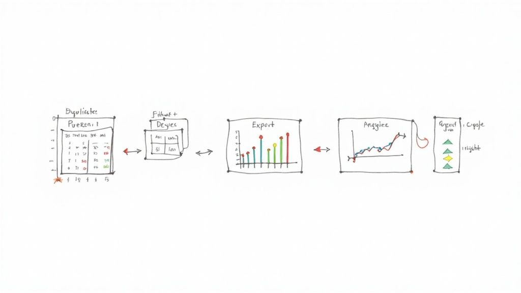 A person pointing at a screen with charts and graphs, symbolizing the transformation of raw data into business intelligence.