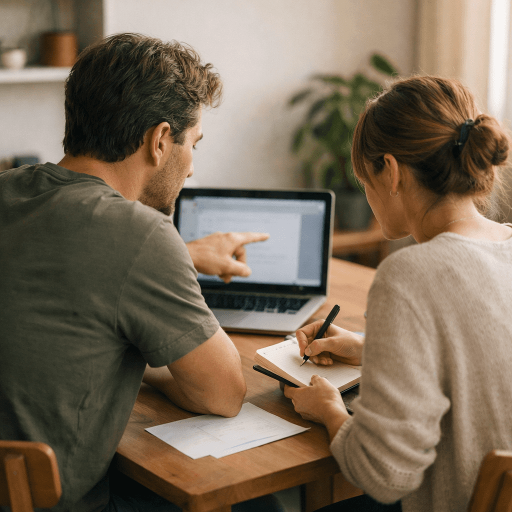 audit et cadrage d’activité avec dirigeant de PME sur ordinateur et prise de notes pour structurer les besoins