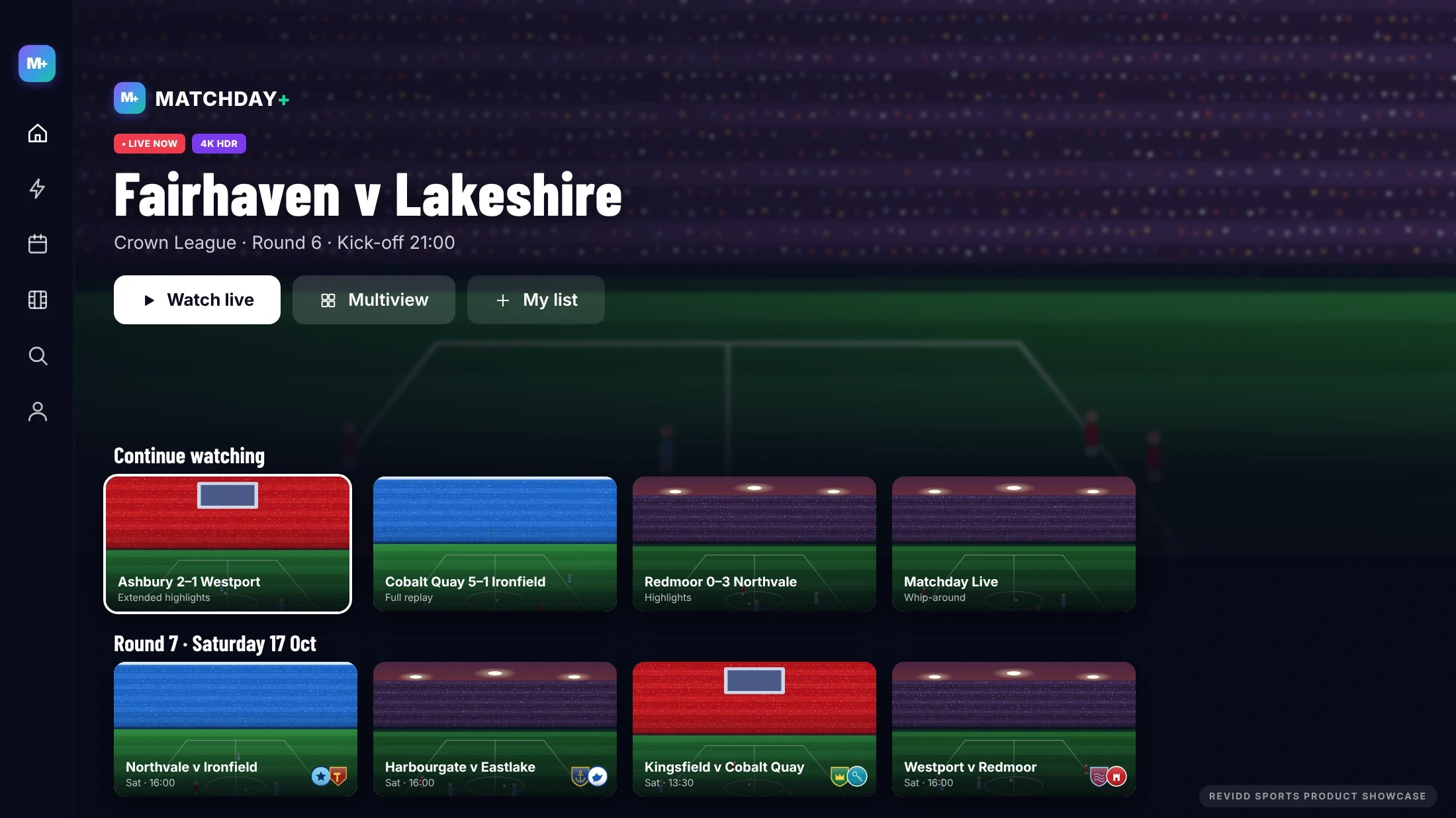MATCHDAY+ demo brand on a smart TV: live match hero and rails, sample clubs