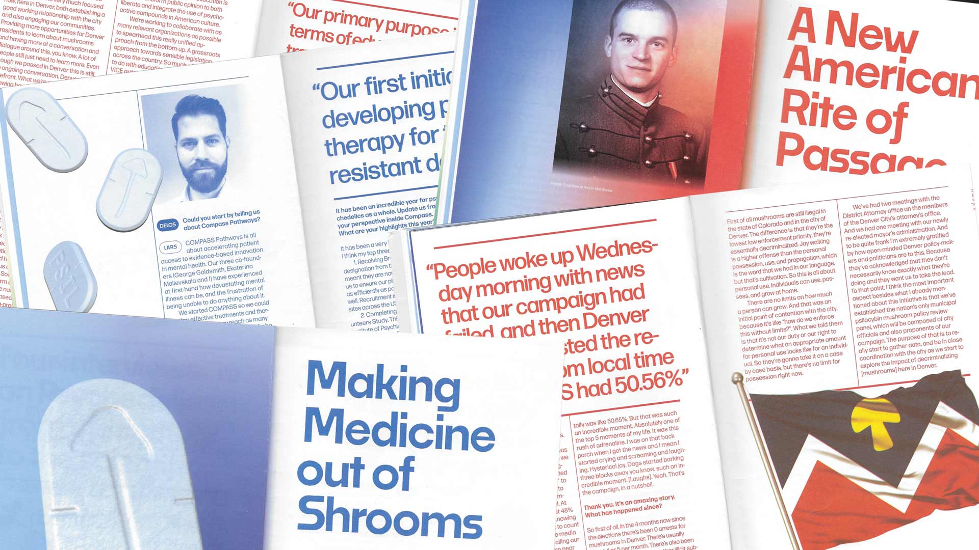 The image shows multiple open books and magazines spread out on a surface. The visible titles and text include "Making Medicine out of Shrooms," "Our first initiative developing P3 therapy for resistant d," "A New American Rite of Passage," and "People woke up Wednesday morning with news that our campaign had failed and then Denver met its goal at 50.56%." The books feature various articles and images, including a photo of a man with a beard and text discussing mental health and a campaign related to cannabis. The magazines are spread out in a somewhat haphazard arrangement, with some overlapping pages.