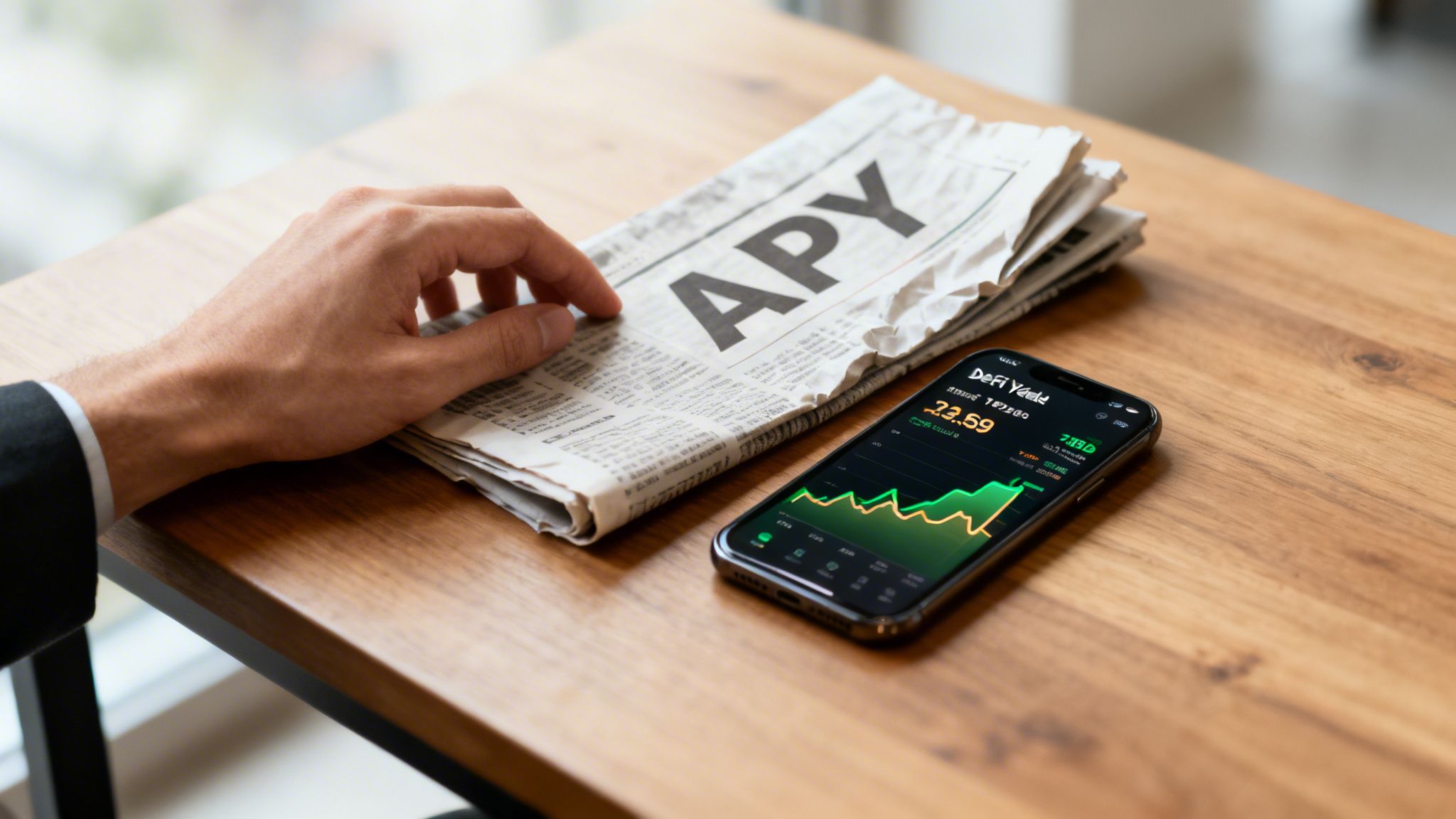 A hand rests on a newspaper with 'APY' while a smartphone displays a DeFi yield tracking app.