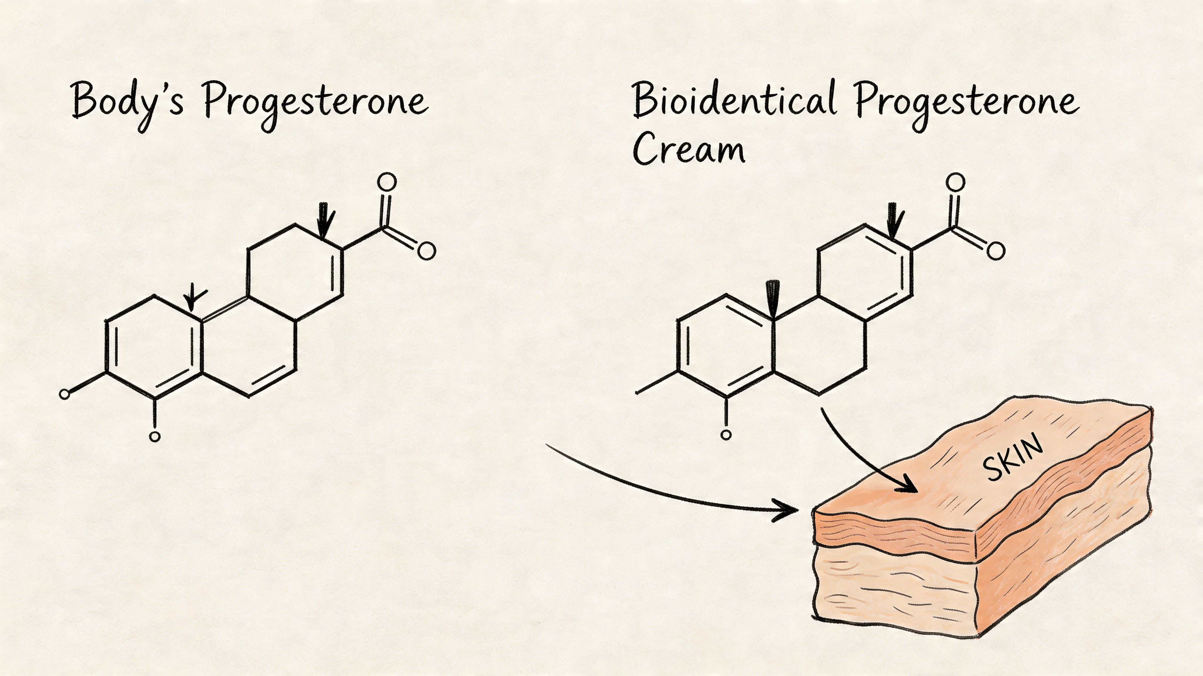 A diagram comparing the chemical structures of the body's natural progesterone and bioidentical progesterone cream applied to skin.