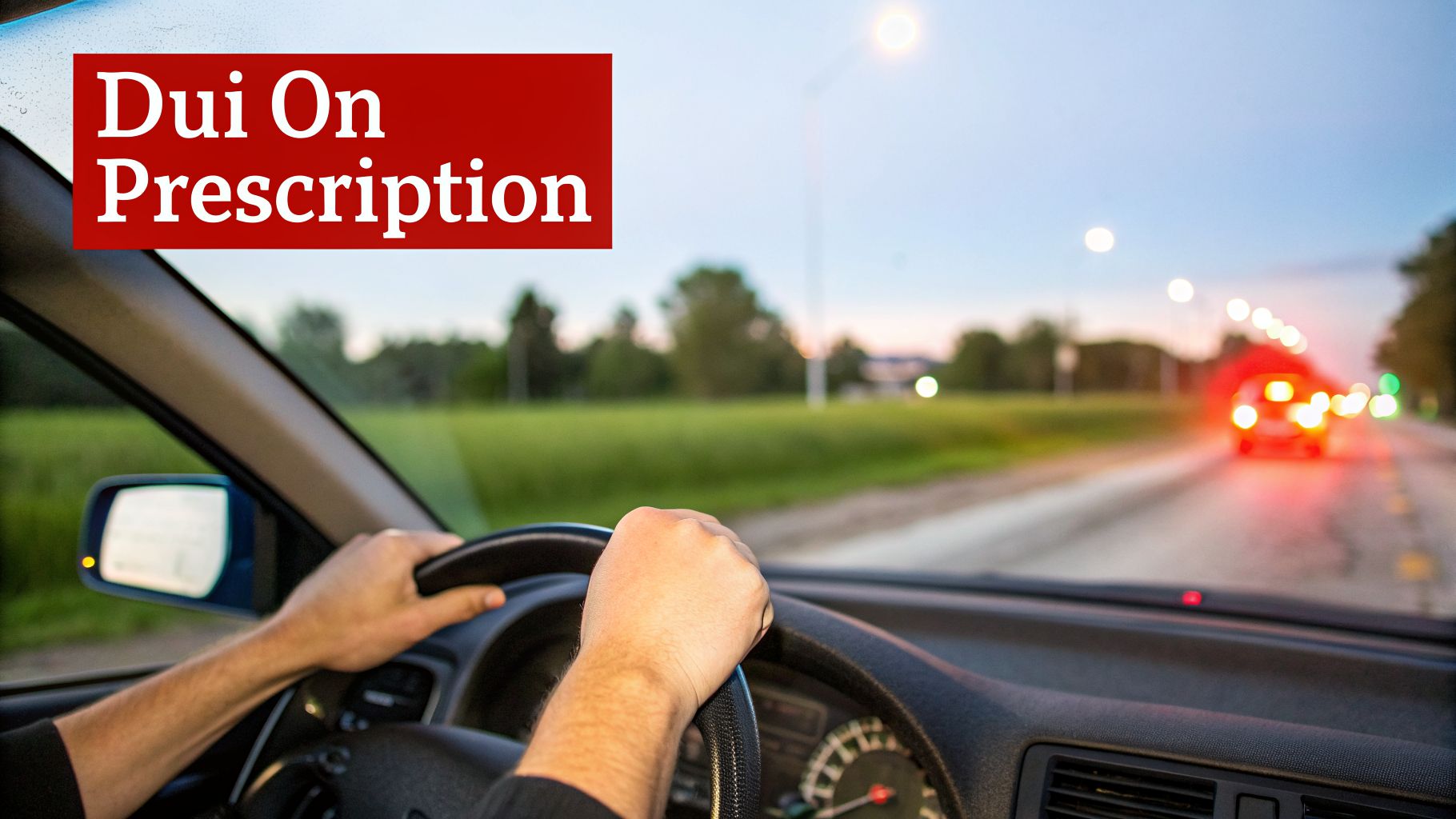 Hands on steering wheel, driving on a road at twilight with 'Dui On Prescription' message.