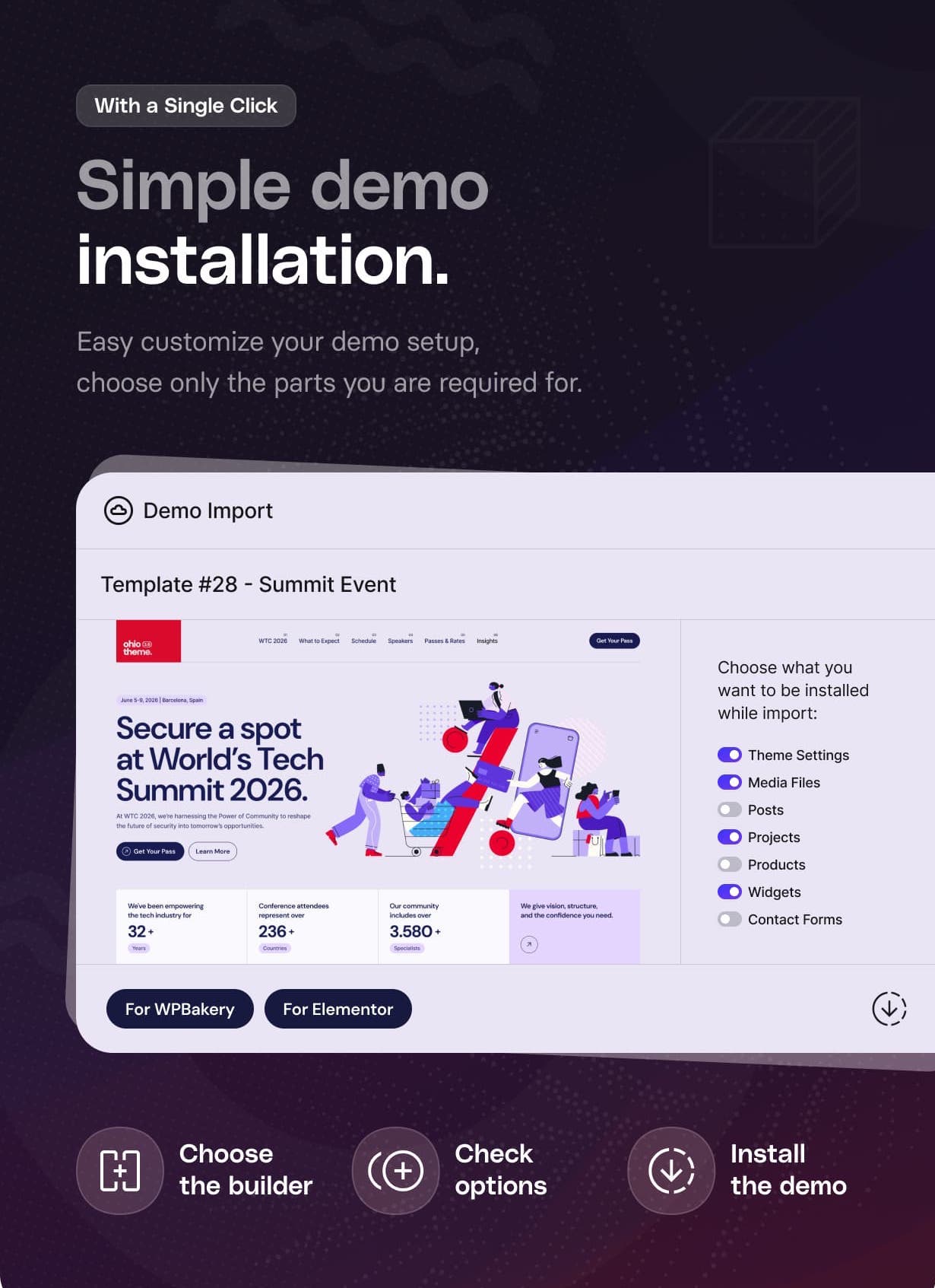 Website demo import interface showcasing template selection, data checkboxes, and builder options.