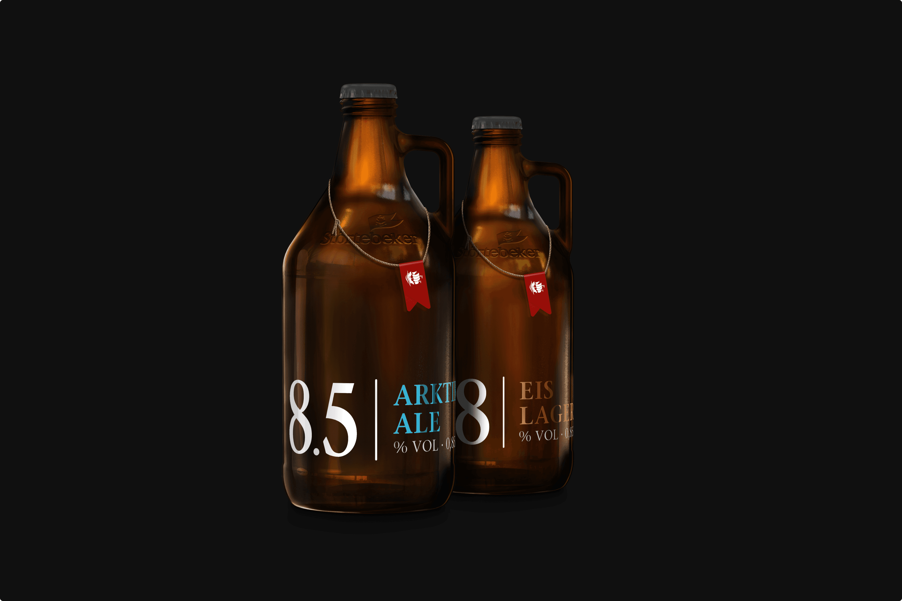 Two amber beer growlers, one labeled "8.5 ARKTIS ALE", other "8 EIS LAGER"
