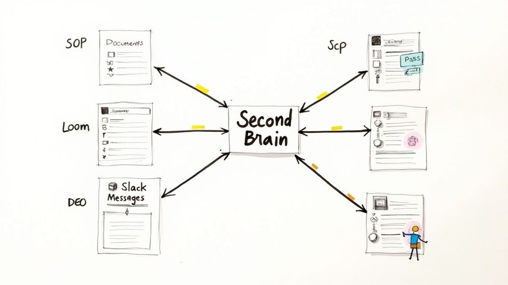 A stylized brain with interconnected nodes and icons representing business processes, symbolizing a centralized system.