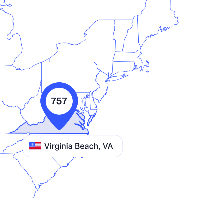 US map of 757 area code phone numbers and its coverage region