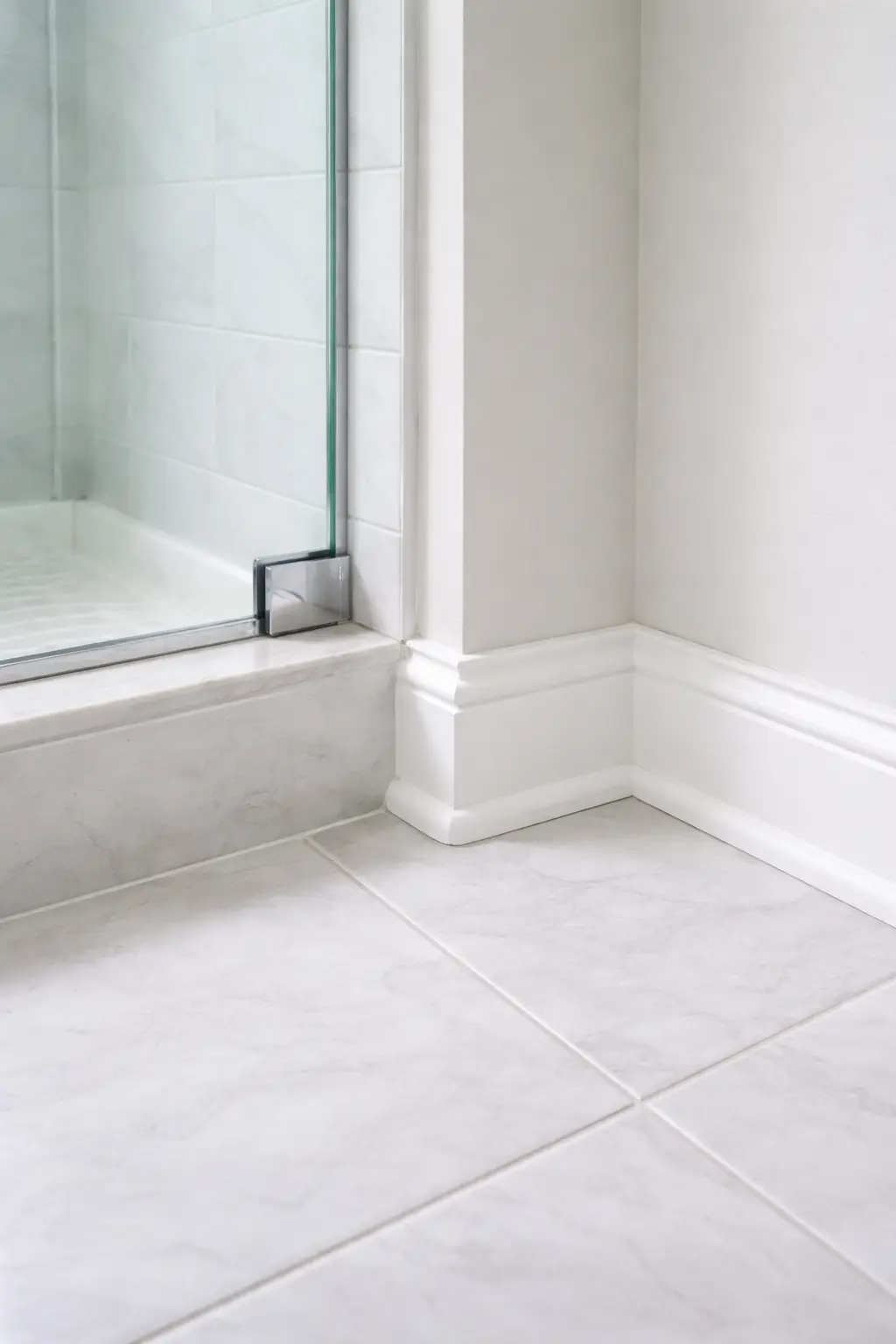Deeply cleaned white baseboards and trim next to a glass shower and marble tile floor.