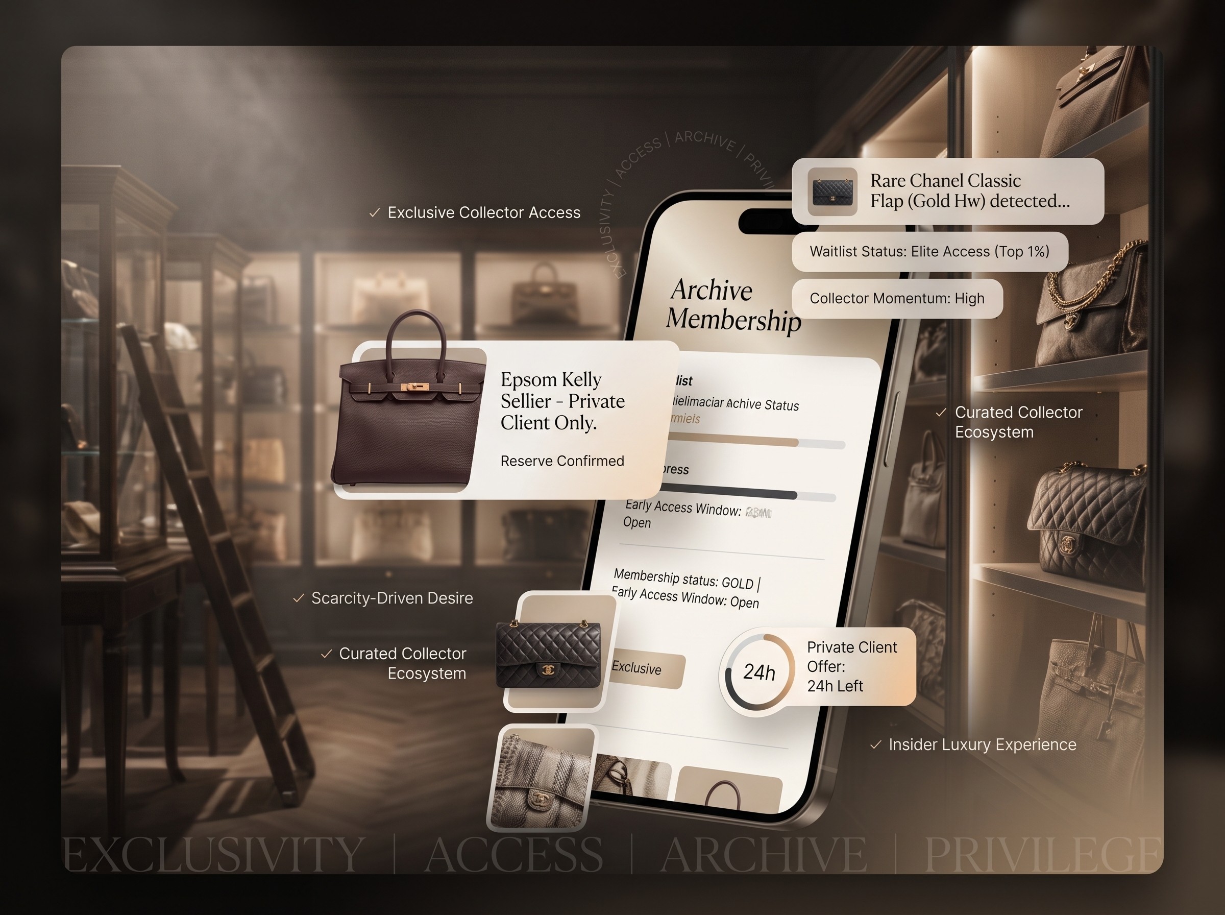 Premium Mobile Luxury Resale UI inspiriert von Collector Culture und aspirational Fashion Ownership