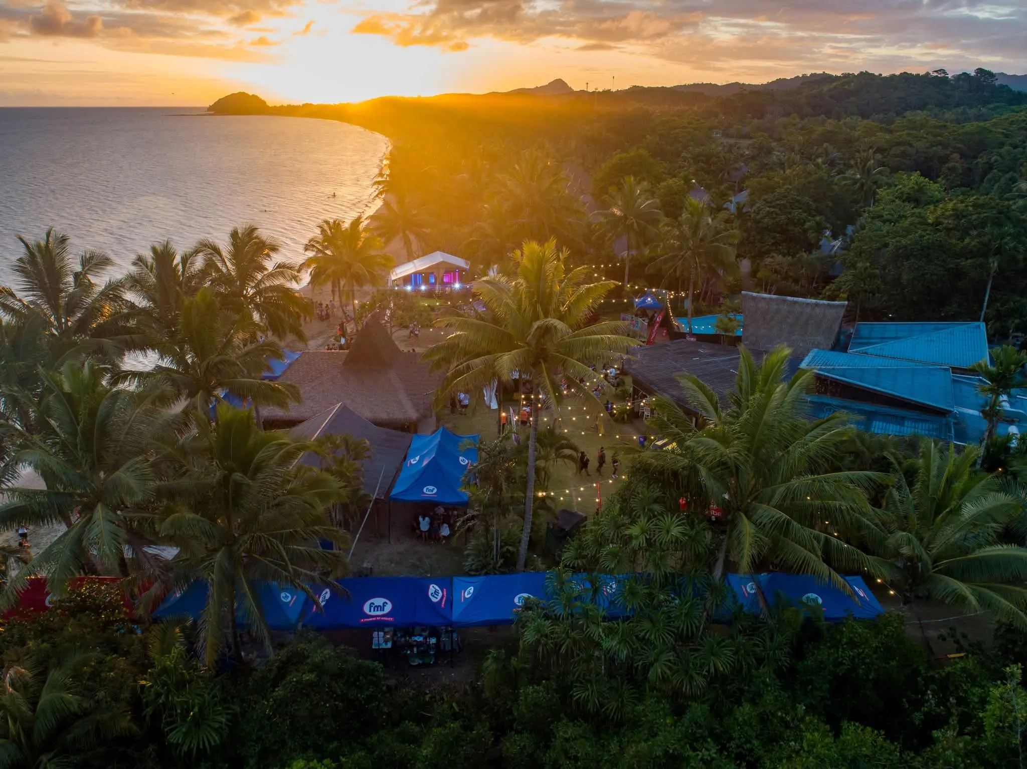 Top down view of Uprising Beach Resort during the annual music festival with international and local dj's and artists - at sunset