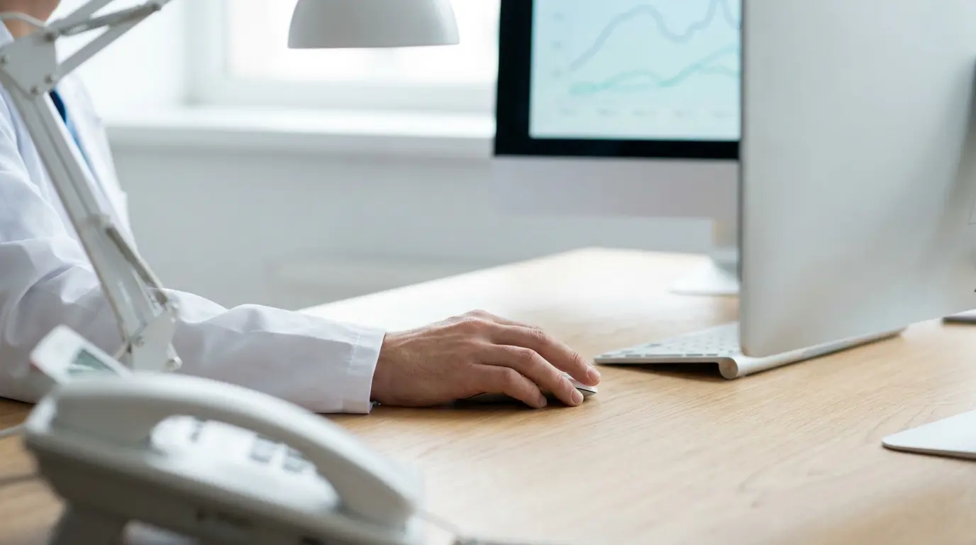 Hand of a professional in a white coat using a mouse in front of a monitor with a chart on screen.