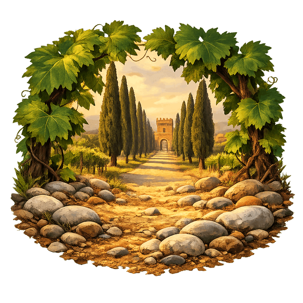 Detailed graphic of the Bolgheri wine region.