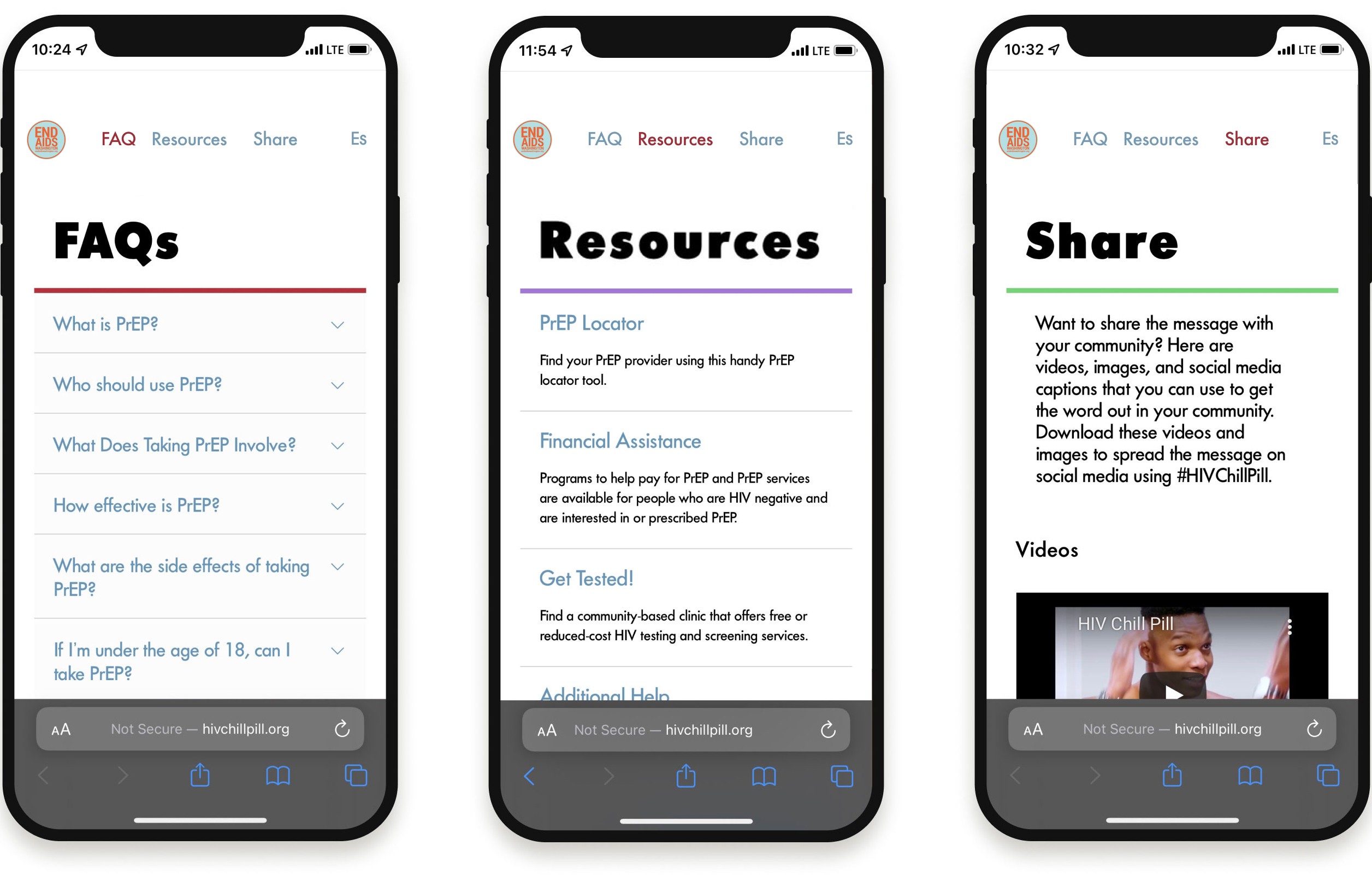 Three mobile screens showing faq, resources, and share page