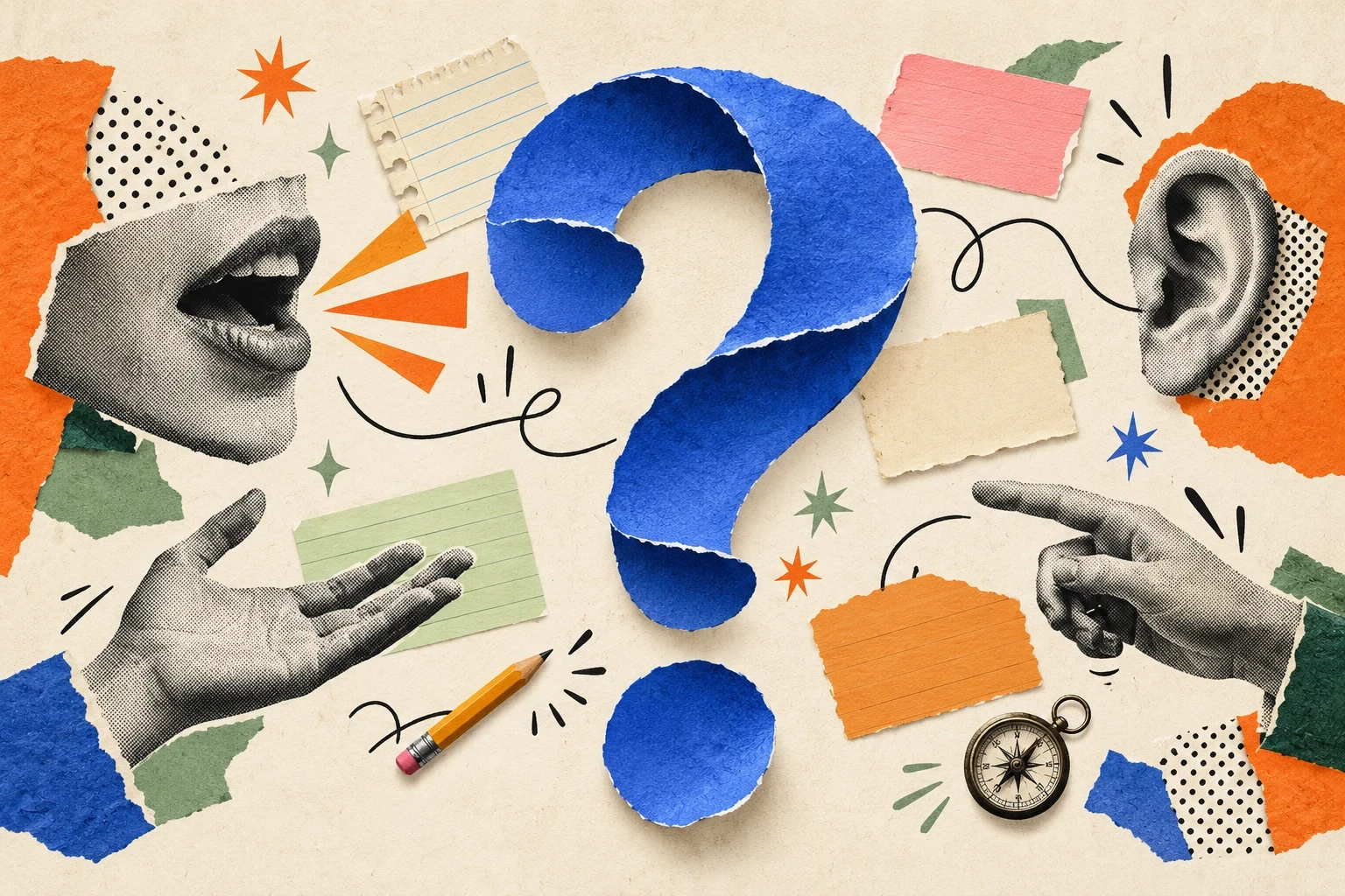 A playful paper collage of a blue question mark, a speaking mouth, a listening ear and colorful notes