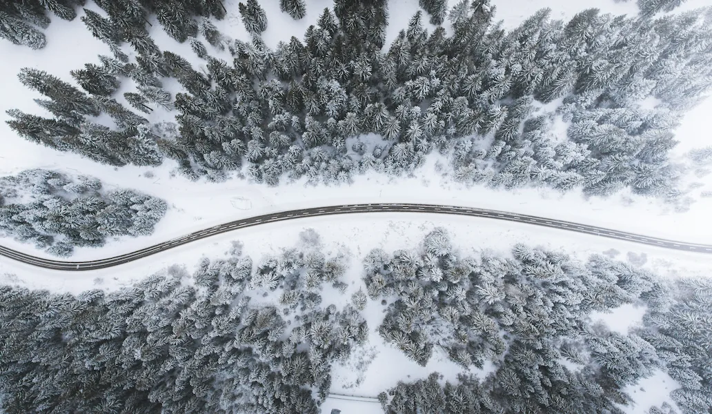 Aerial winter landscape with icy roadway cutting through snowy trees.
