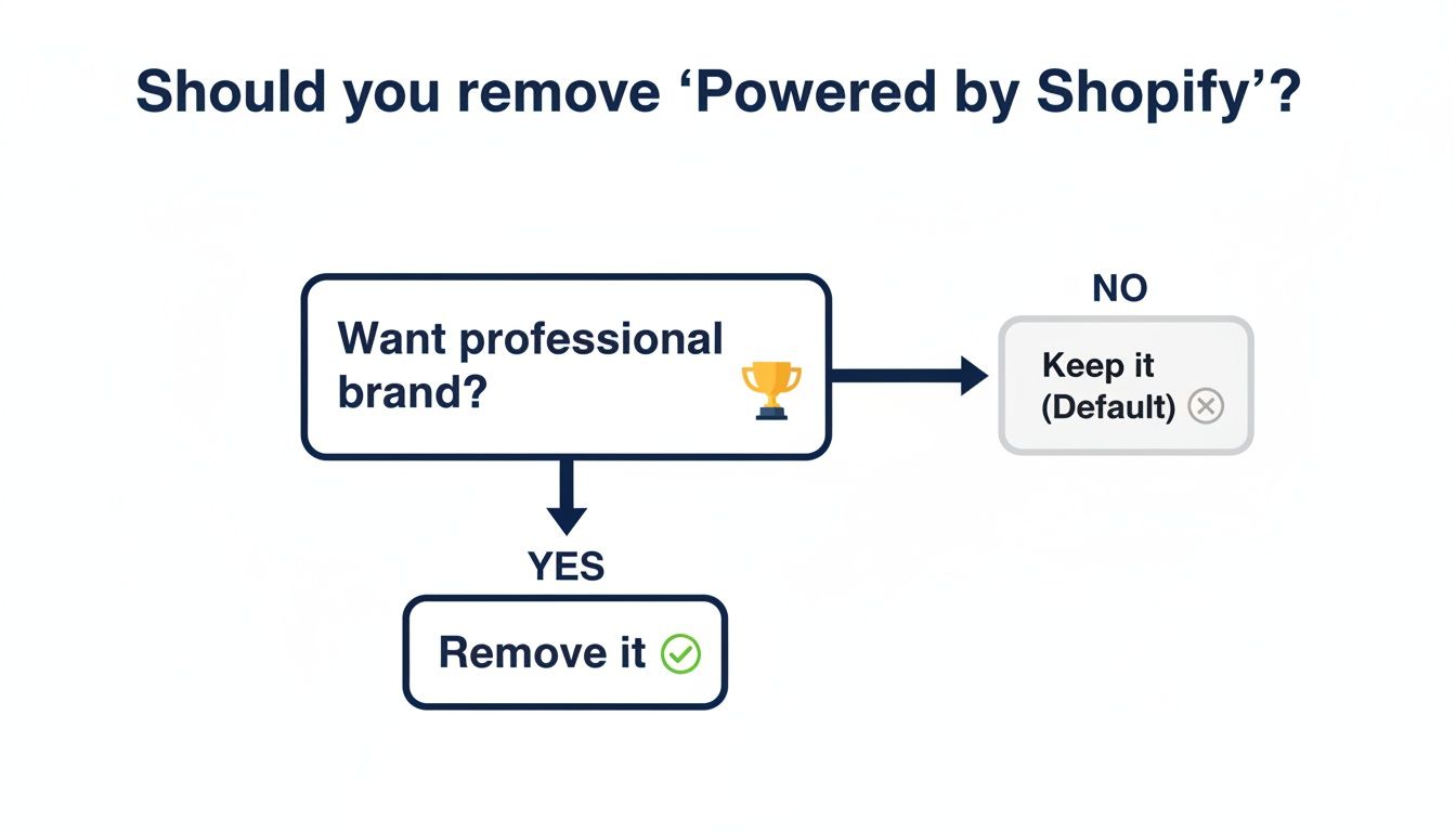 Flowchart illustrating the decision to remove or keep 'Powered by Shopify' branding for a professional brand.