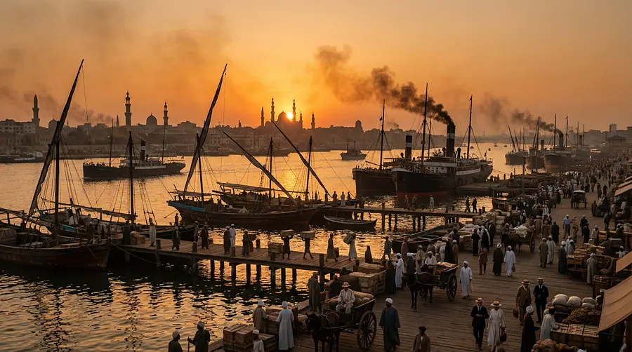 A harbour at sunset, sailing boats and steamers along the wharf