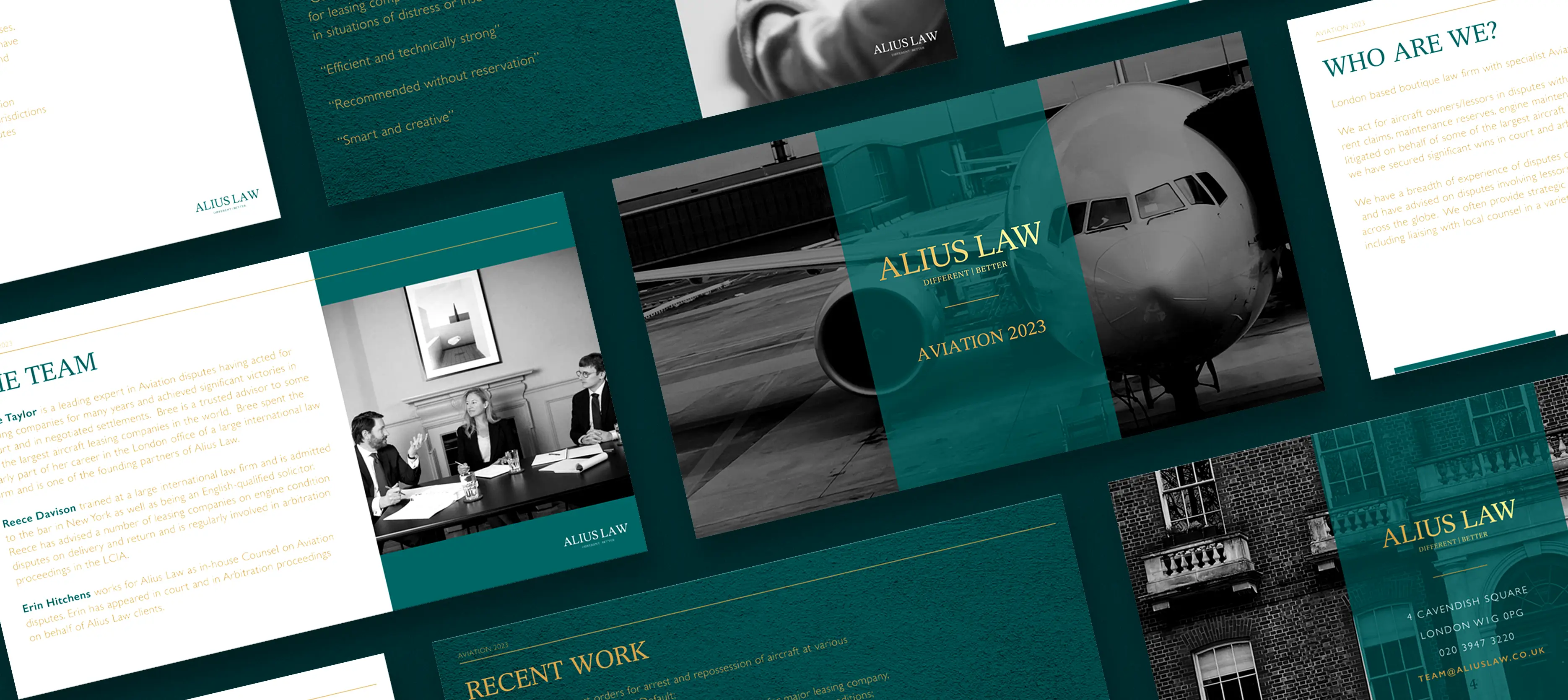 Alius Law company profile – green-gold logo application in premium materials by Teatime Studio.