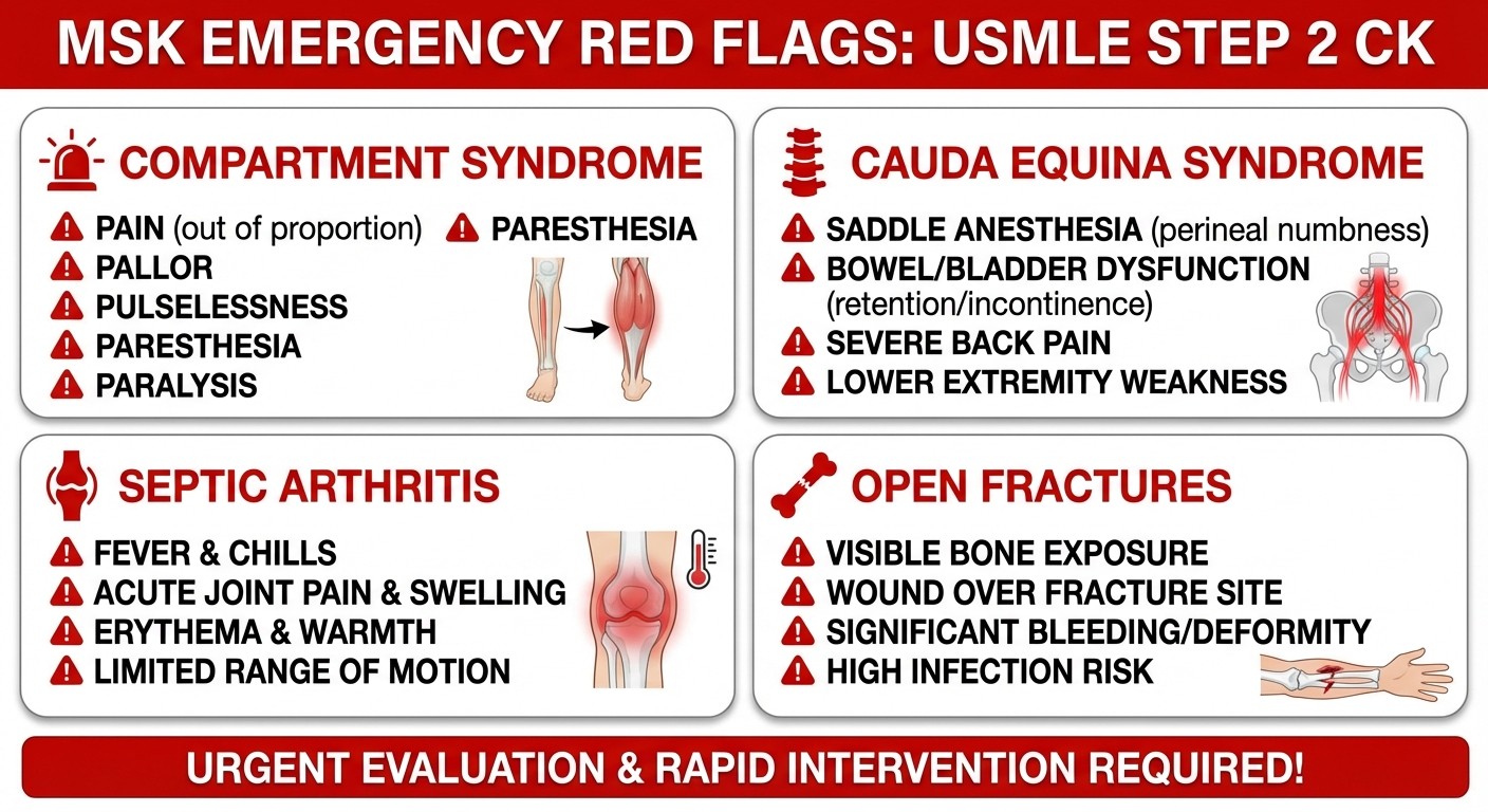 MSK Emergency Red Flags for USMLE Step 2 CK - clinical warning signs for compartment syndrome, cauda equina, septic arthritis