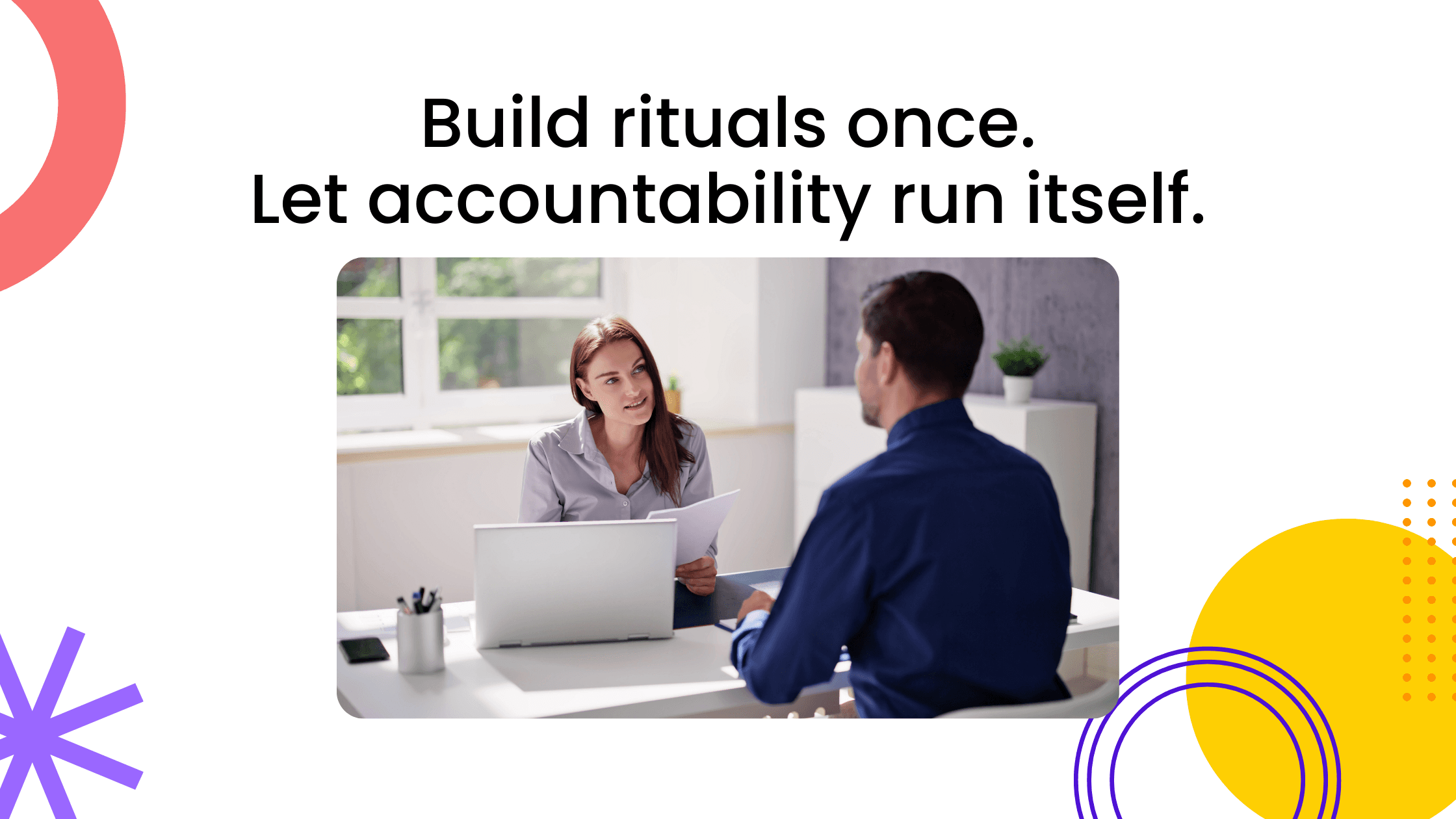 Coach reviewing document with client across desk, with headline about building rituals so accountability runs itself.