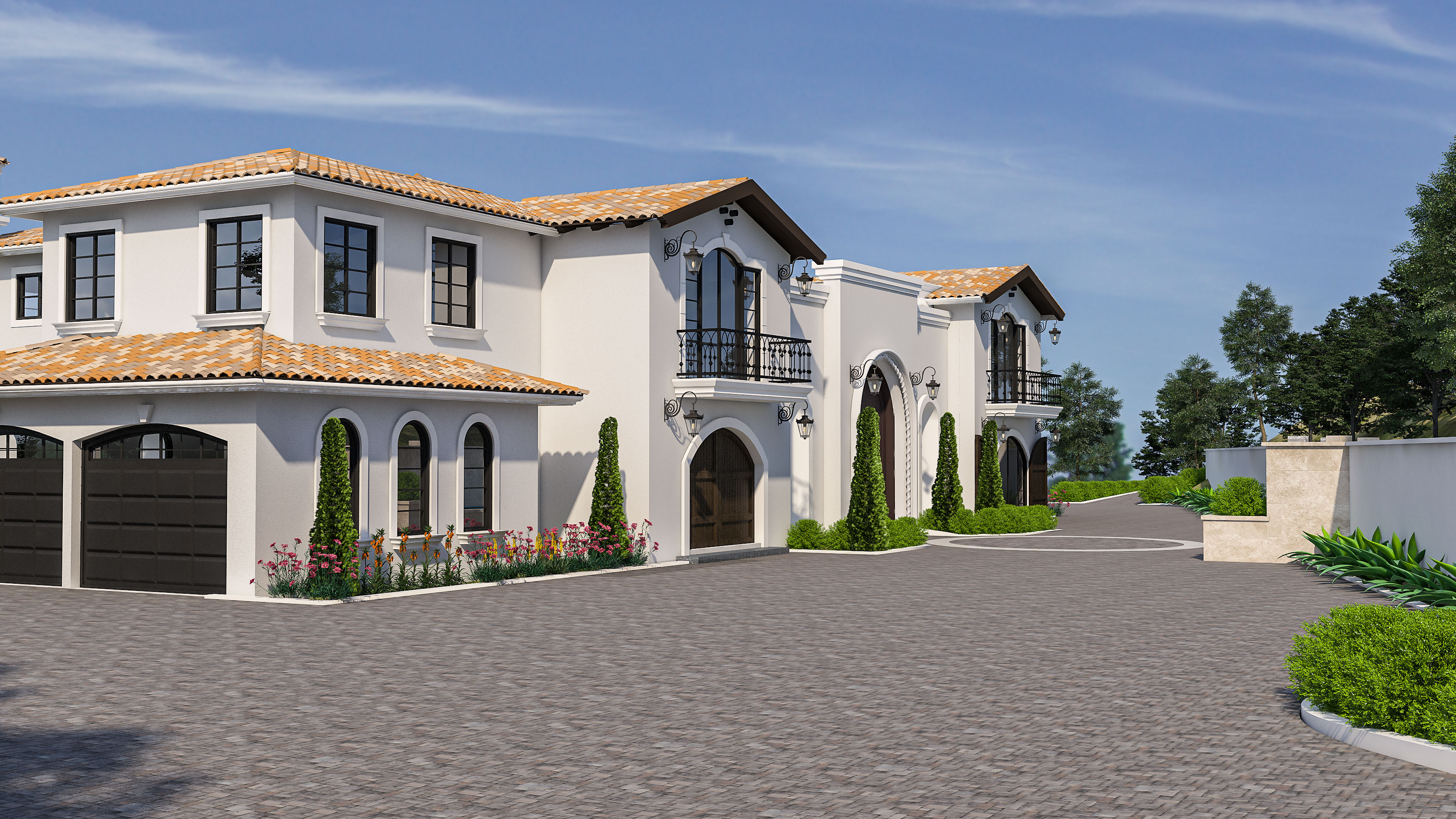 Alternate front view rendering of the Spanish villa-style home.