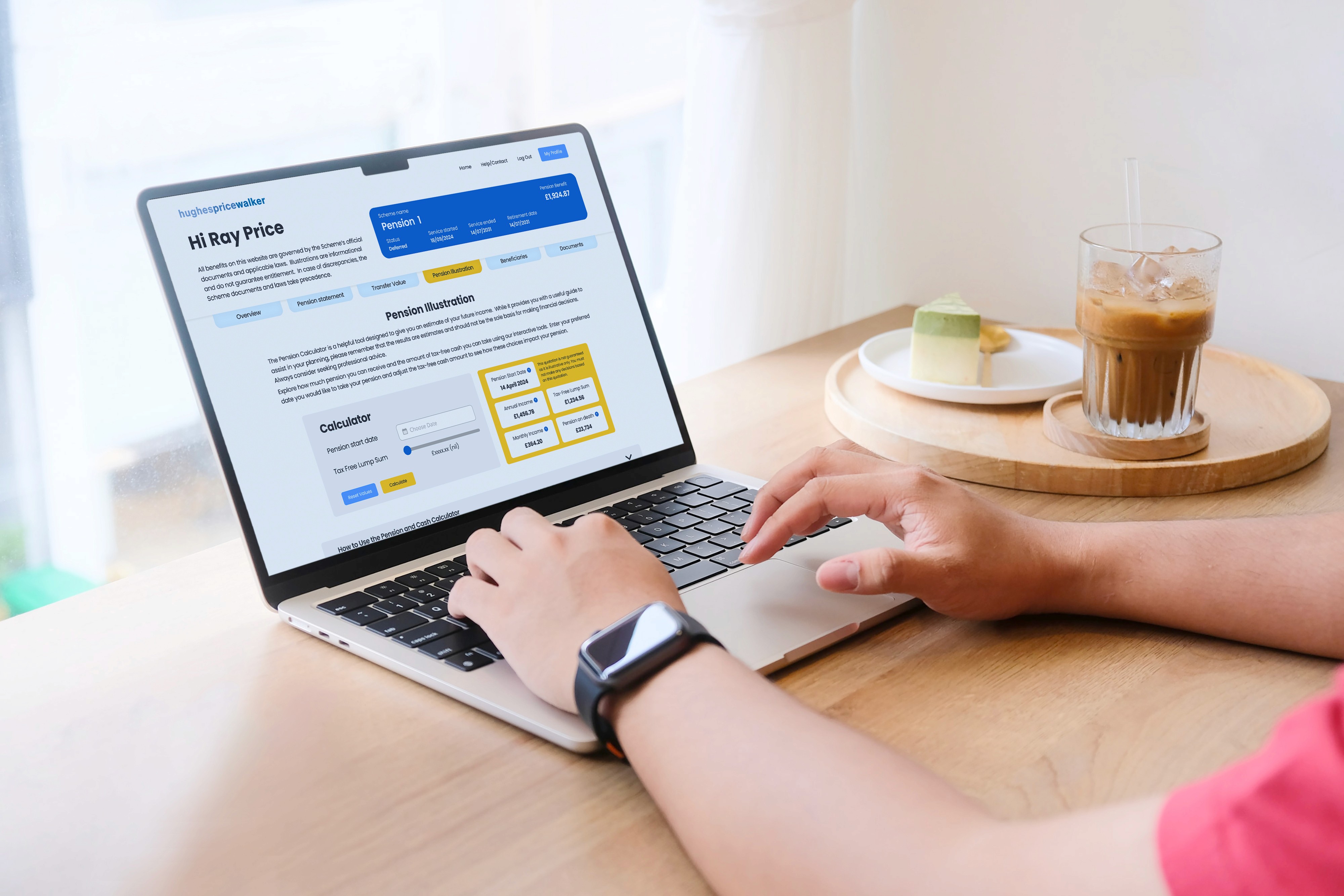 Laptop showing the Hughes Price Walker pension portal interface for deferred scheme members.