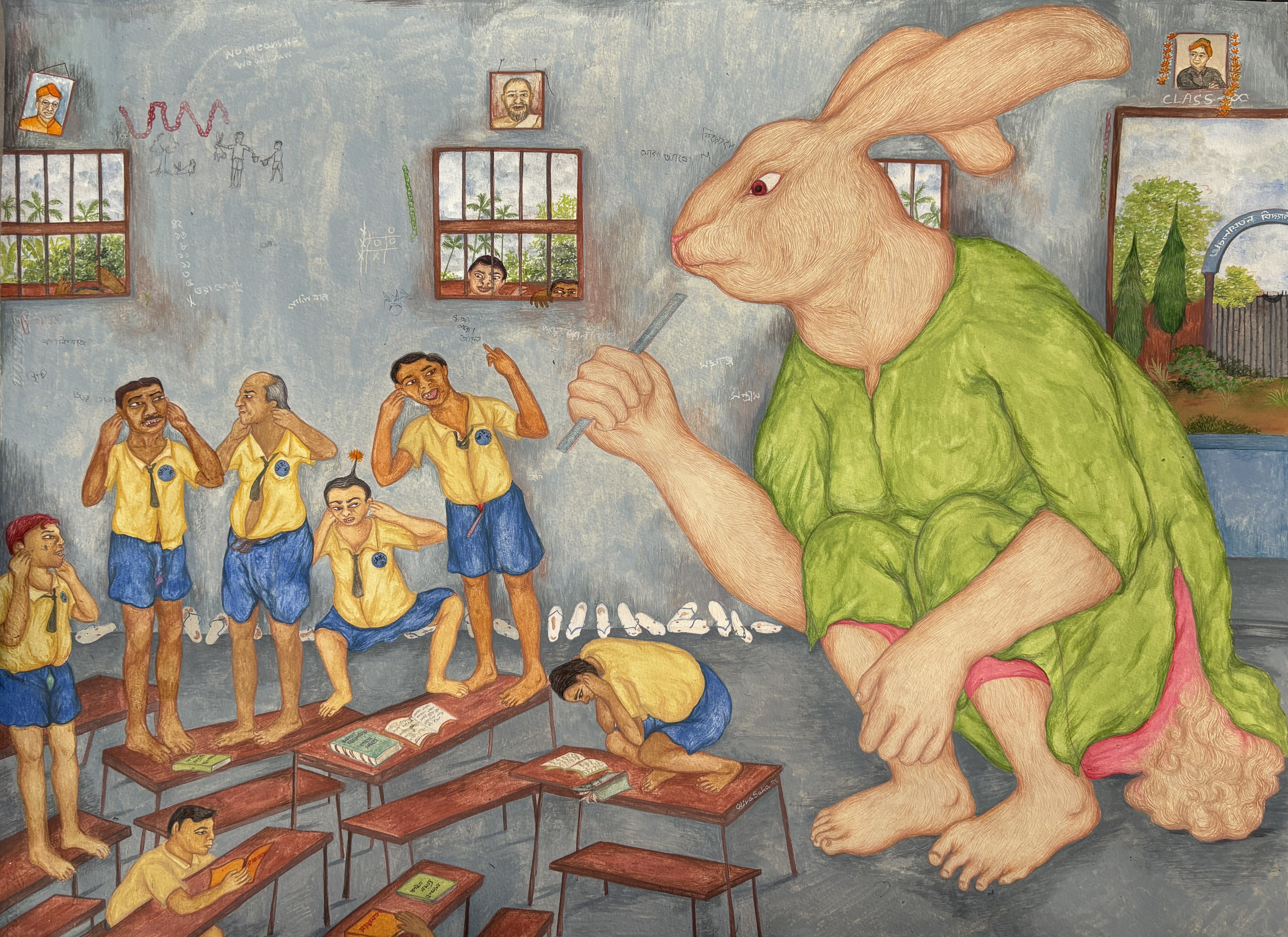 herd of sheep on road painting