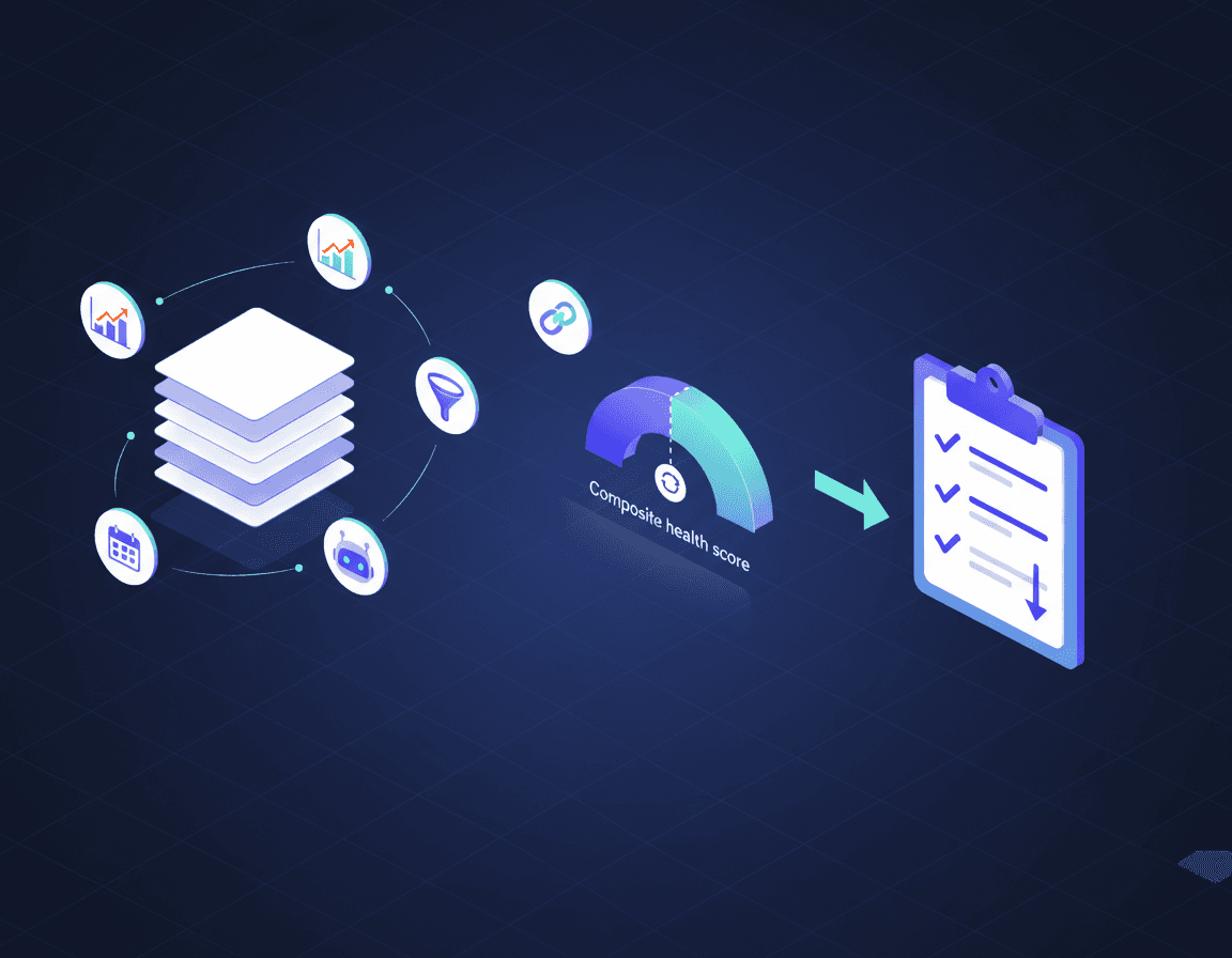 Metrics flowing into a composite content health score gauge that outputs a prioritized update list