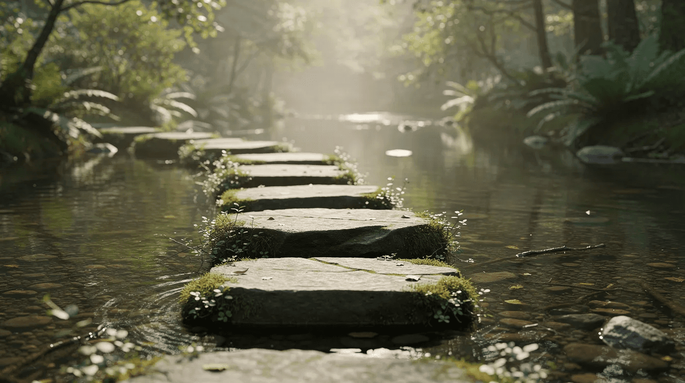 The image depicts stepping stones arranged across a calm stream, symbolizing the gradual progress one can make in building a diversified portfolio and achieving financial stability. Each stone represents a step towards real wealth and confidence in managing investments and income.
