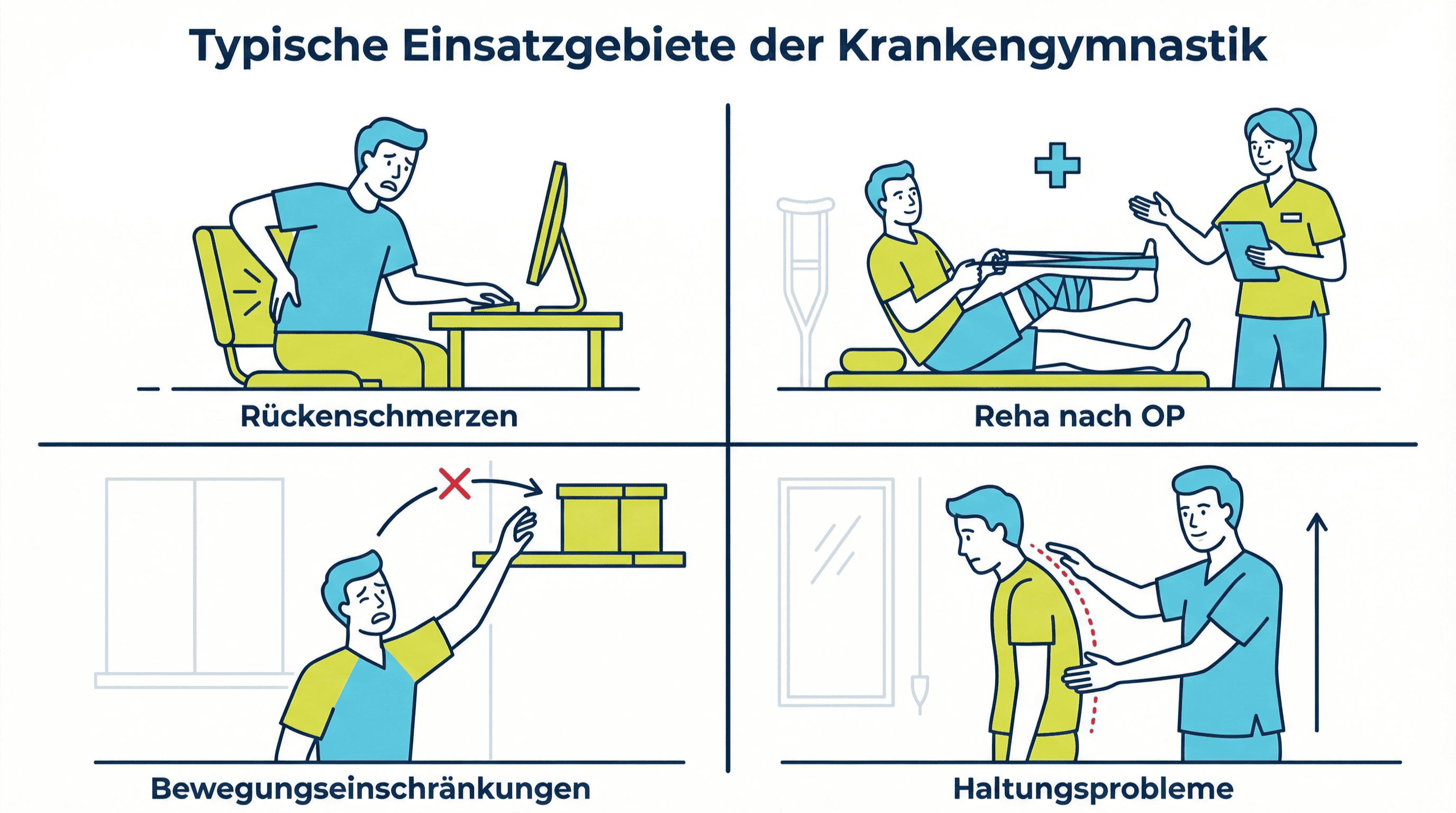 Illustration der typischen Einsatzgebiete der Krankengymnastik