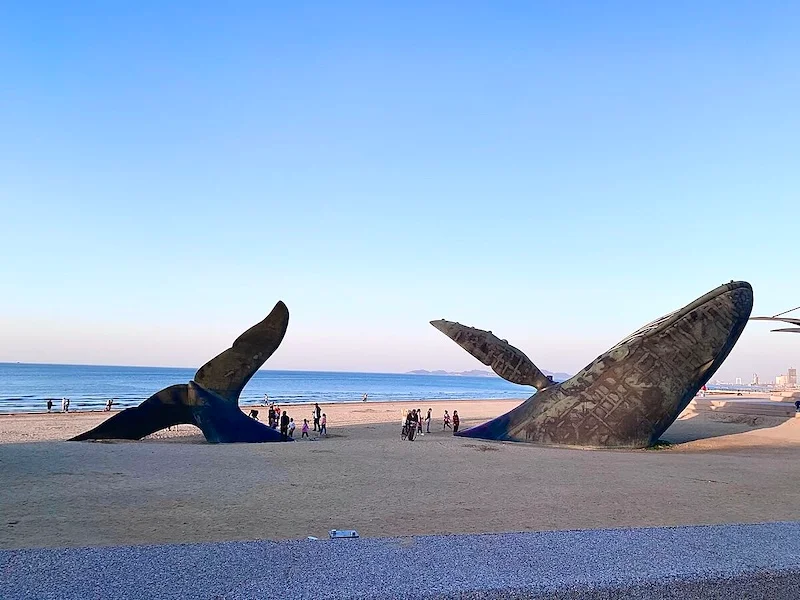 Yantai beach sculpture of whale