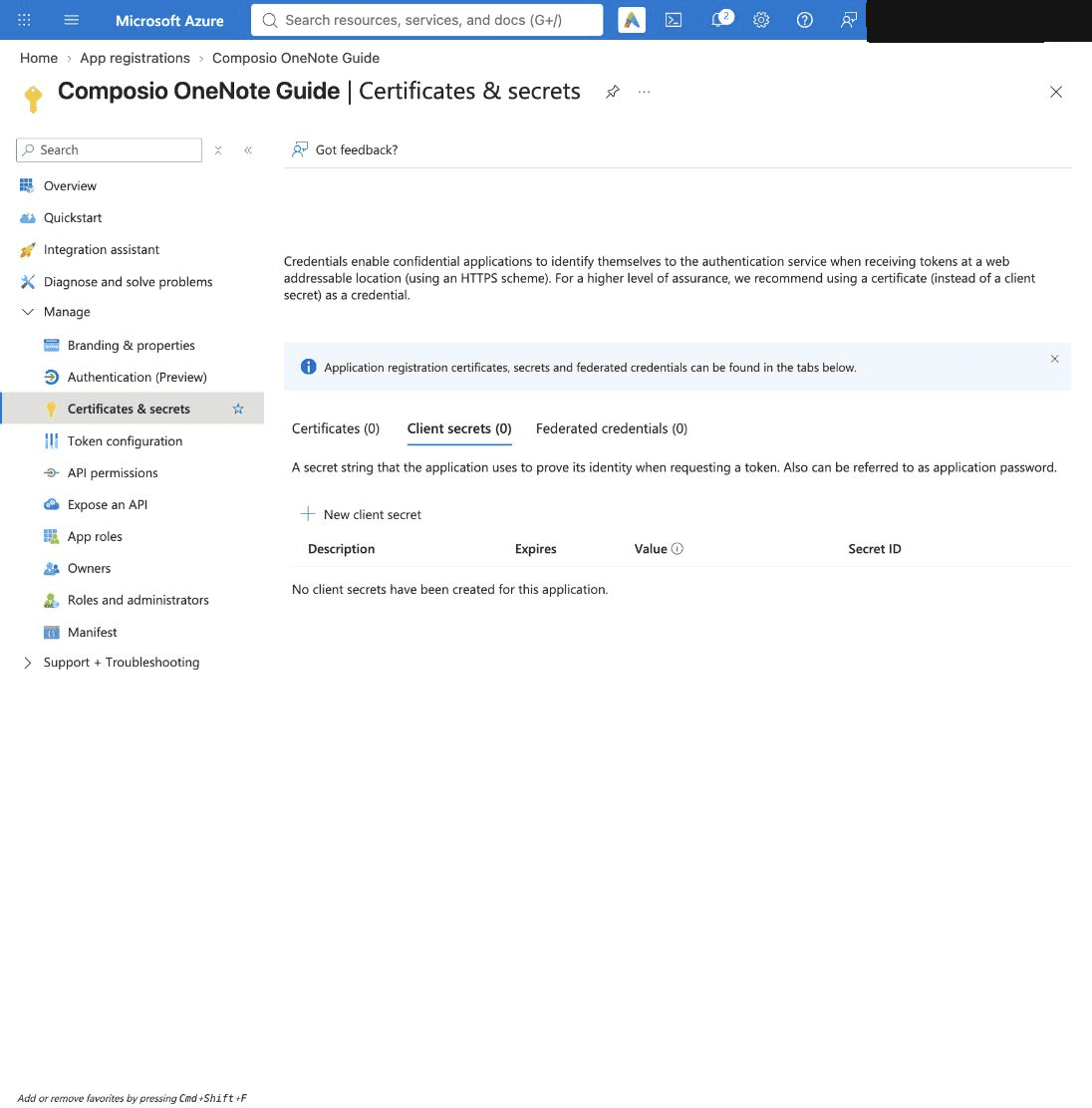 Certificates and secrets page