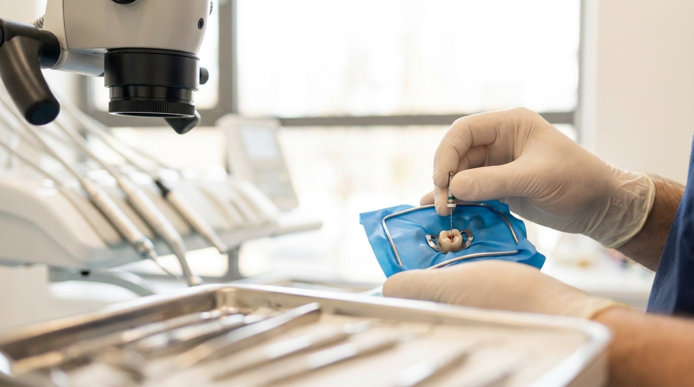 A dentist performs root canal treatment on a single tooth in a modern Smyrna clinic.