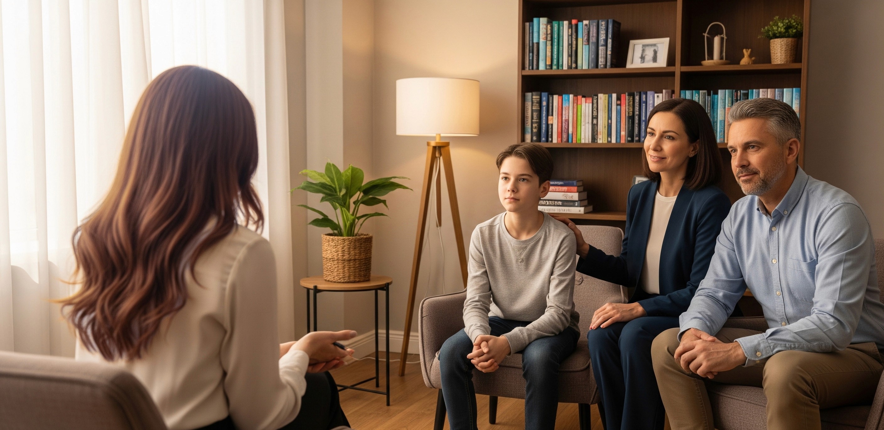 Psychologist consulting with parents and their teenage son