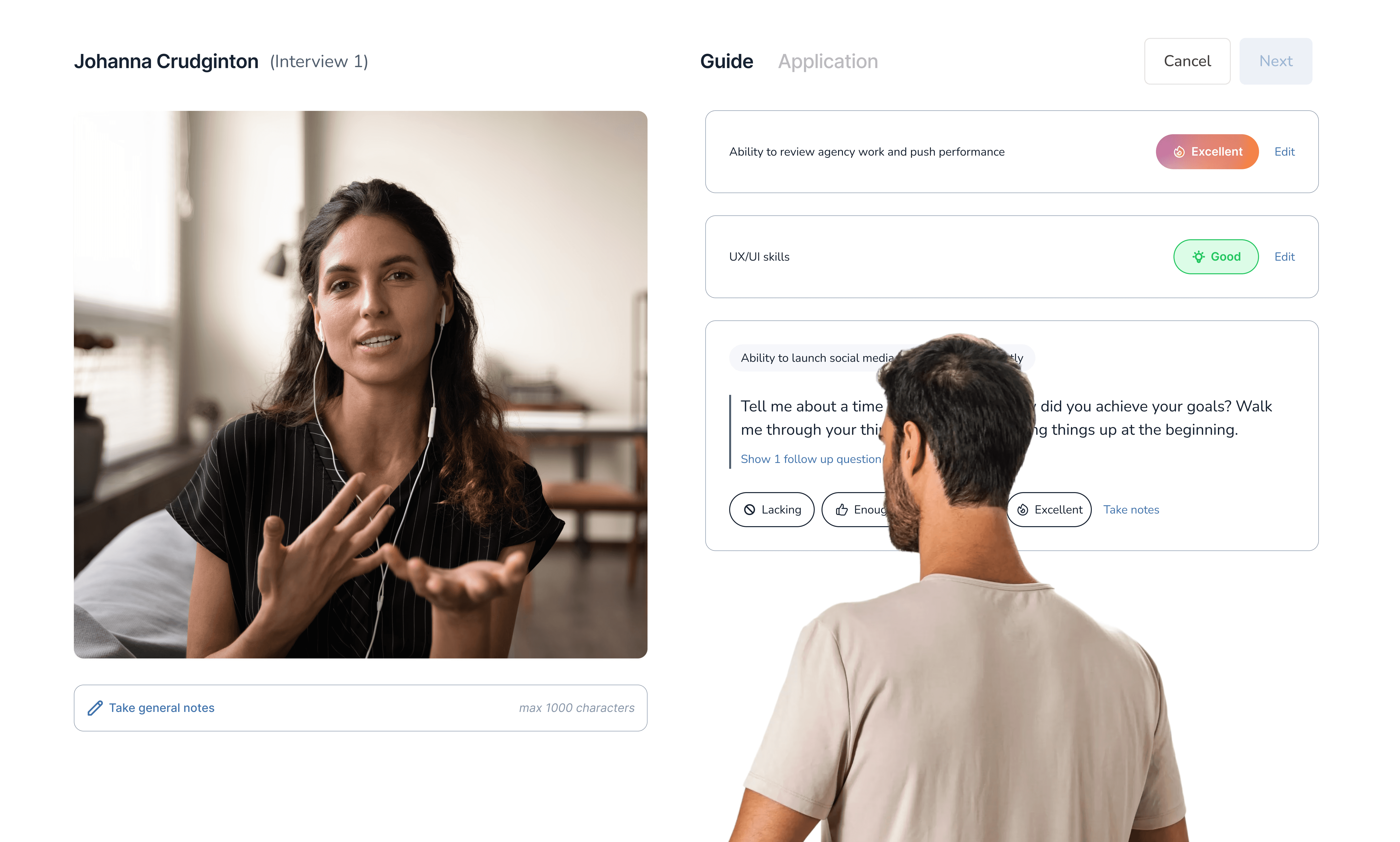 Screenshot of an oryx structured interview in progress, showing candidate video, interview guide, and scoring option