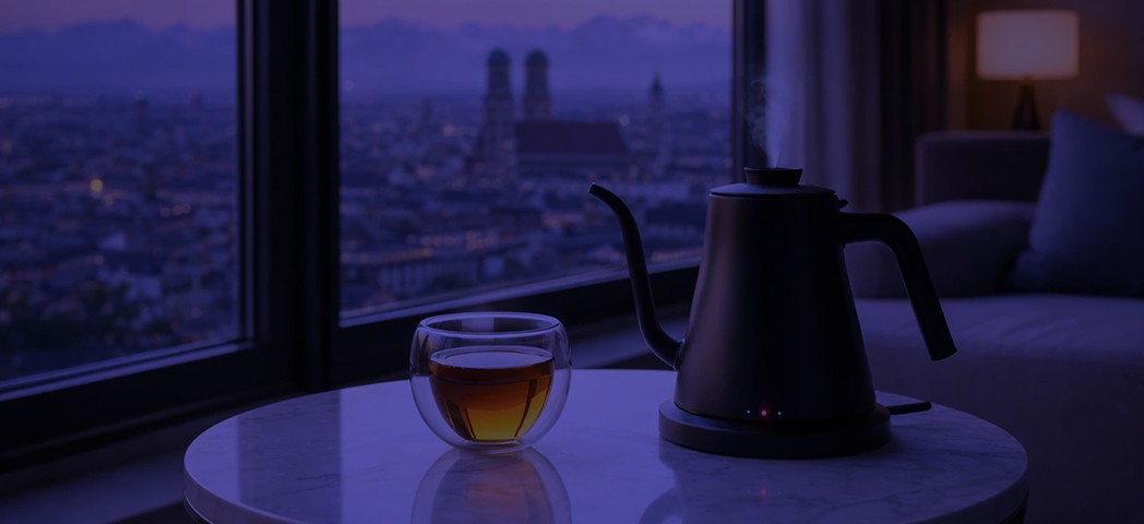 A minimalist clothing rack displays a black blazer, a white dress, and a beige trench coat, accompanied by a white shopping bag, all set against a simple background.