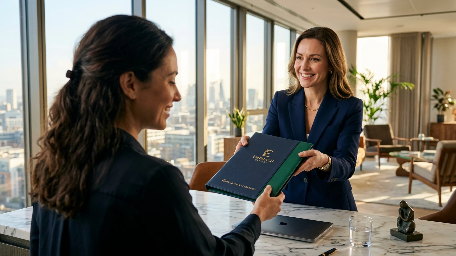 Corretor de imóveis de alto padrão fechando um negócio com um cliente em um escritório de luxo, com uma pasta corporativa premium e materiais de branding sobre a mesa.