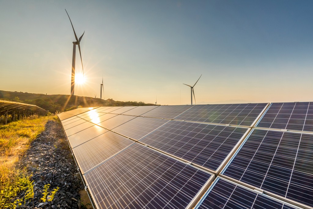 Renewable Energy. Solar and wind tubines