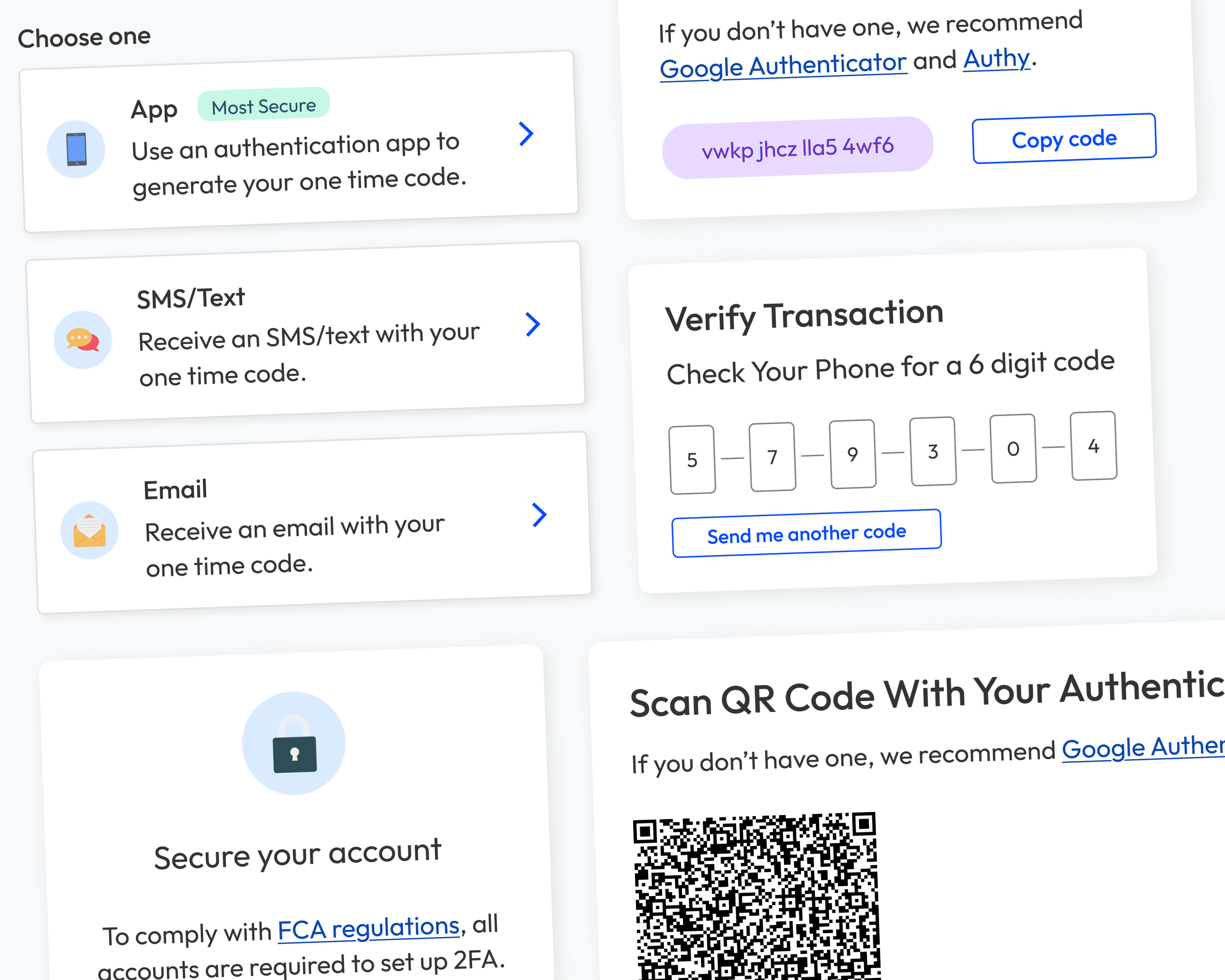 Screenshots of the final designs for mandatory two factor authentication.
