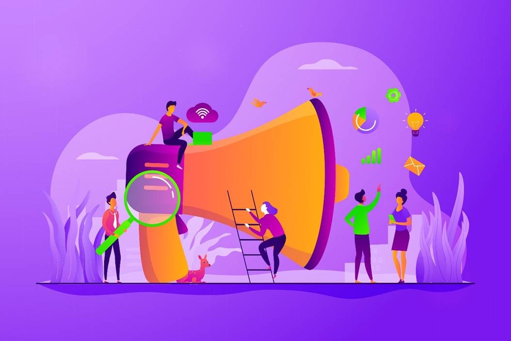 Flat illustration of a team of marketers around a giant megaphone with analytics and outreach icons representing campaign launch