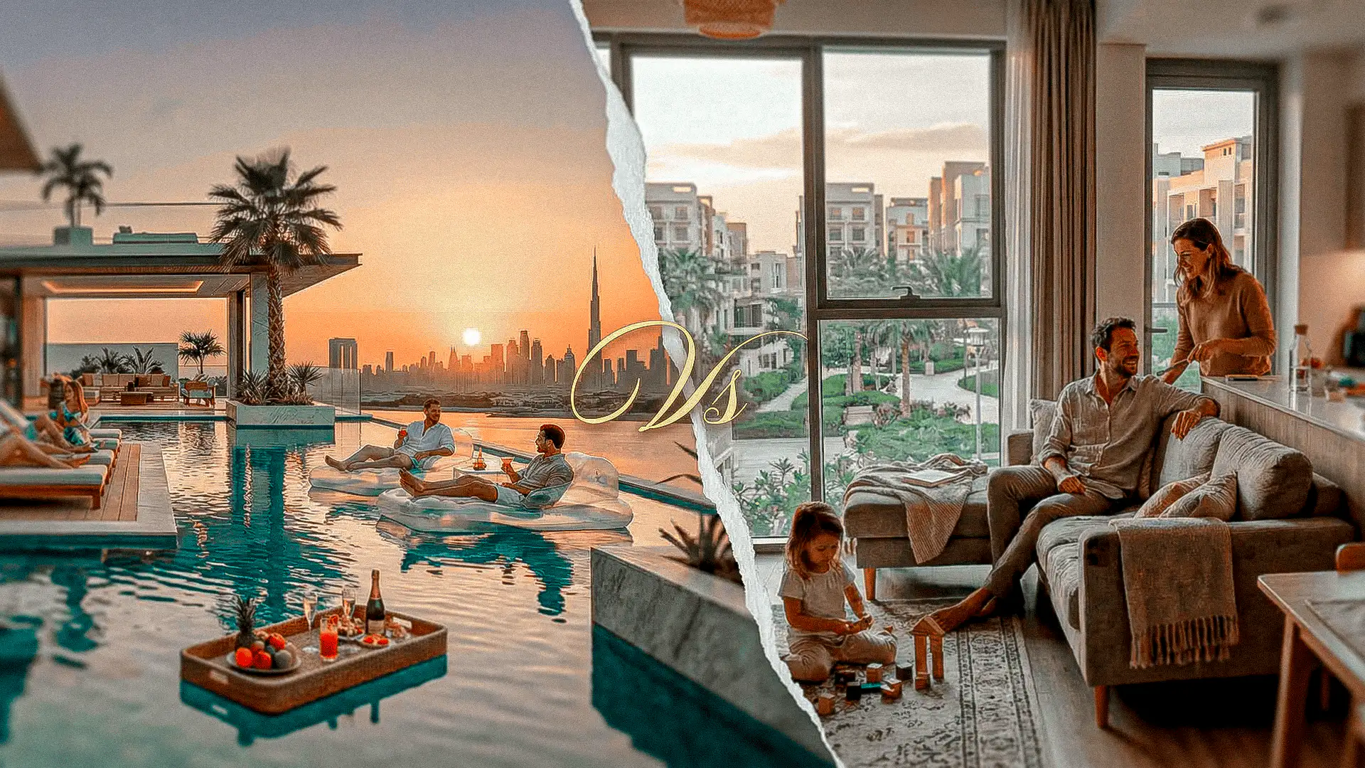 Estilos de vida residenciales en Dubái representados por una villa de lujo frente a un apartamento familiar en comunidad planificada.