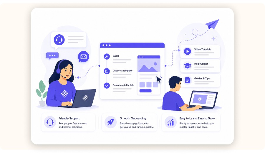 Illustration of customer support, onboarding steps, and learning resources journey