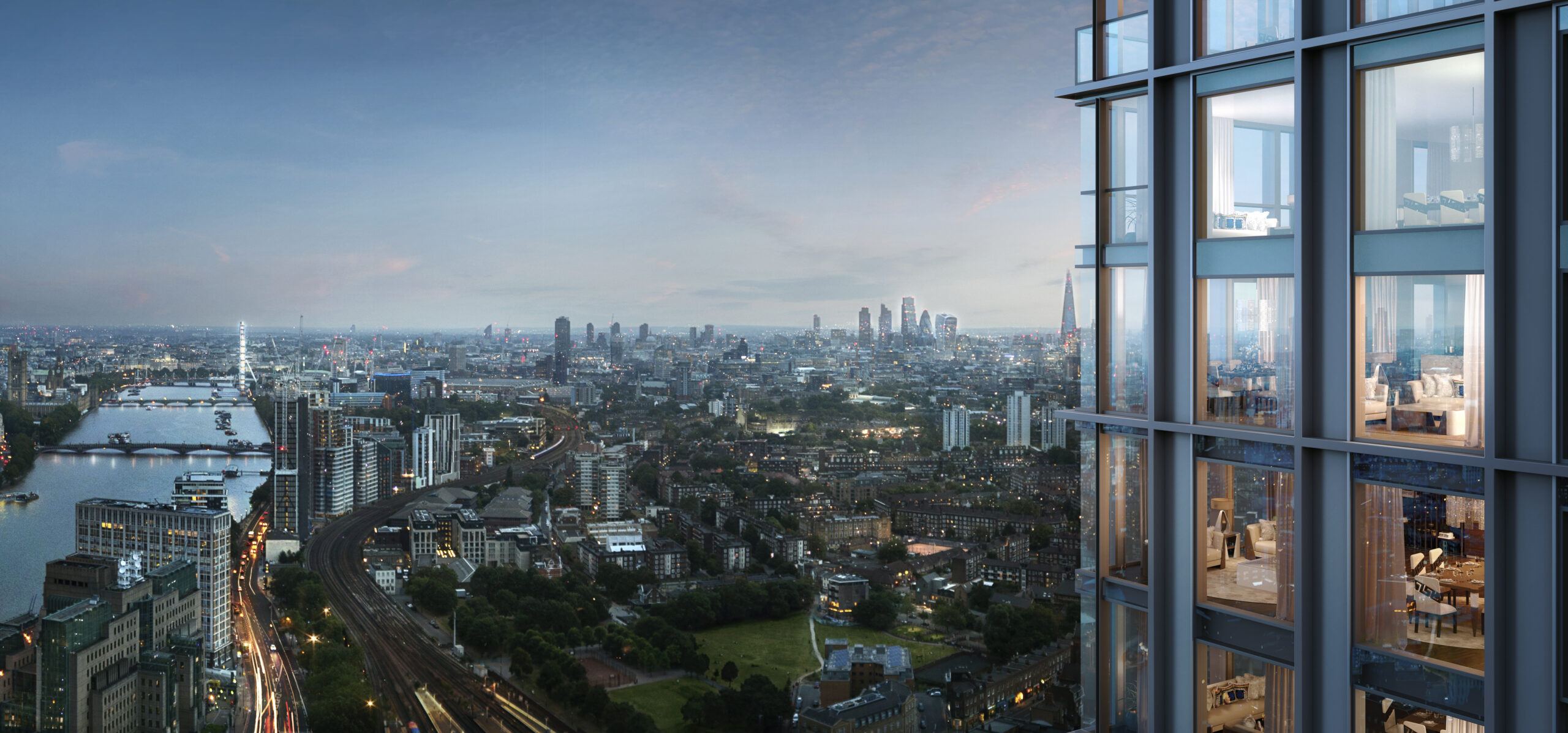 Grand stone building with glowing windows under a deep blue twilight. Dramatic lighting casts a mysterious, elegant ambiance. Surrounded by shadowy trees.