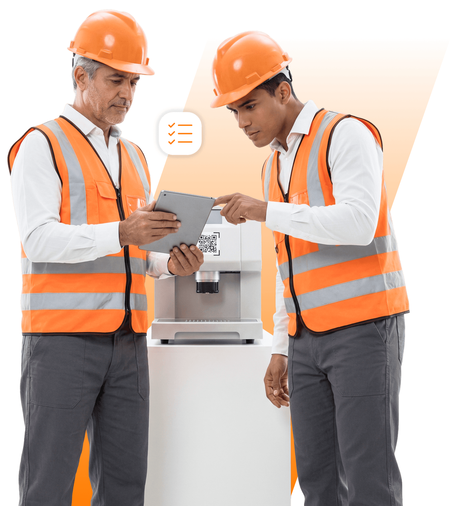 Trabalhador com capacete de segurança, mexendo no telefone, com símbolos do sistema Geequip ao redor