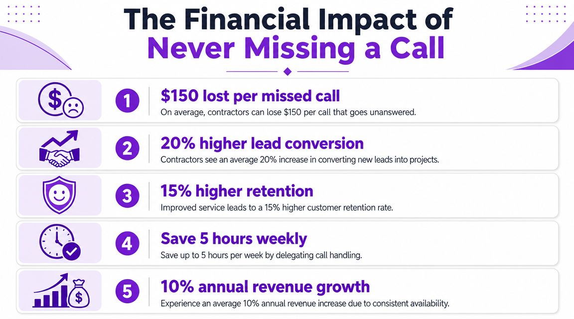 An infographic detailing five key financial benefits of using an answering service for contractors.