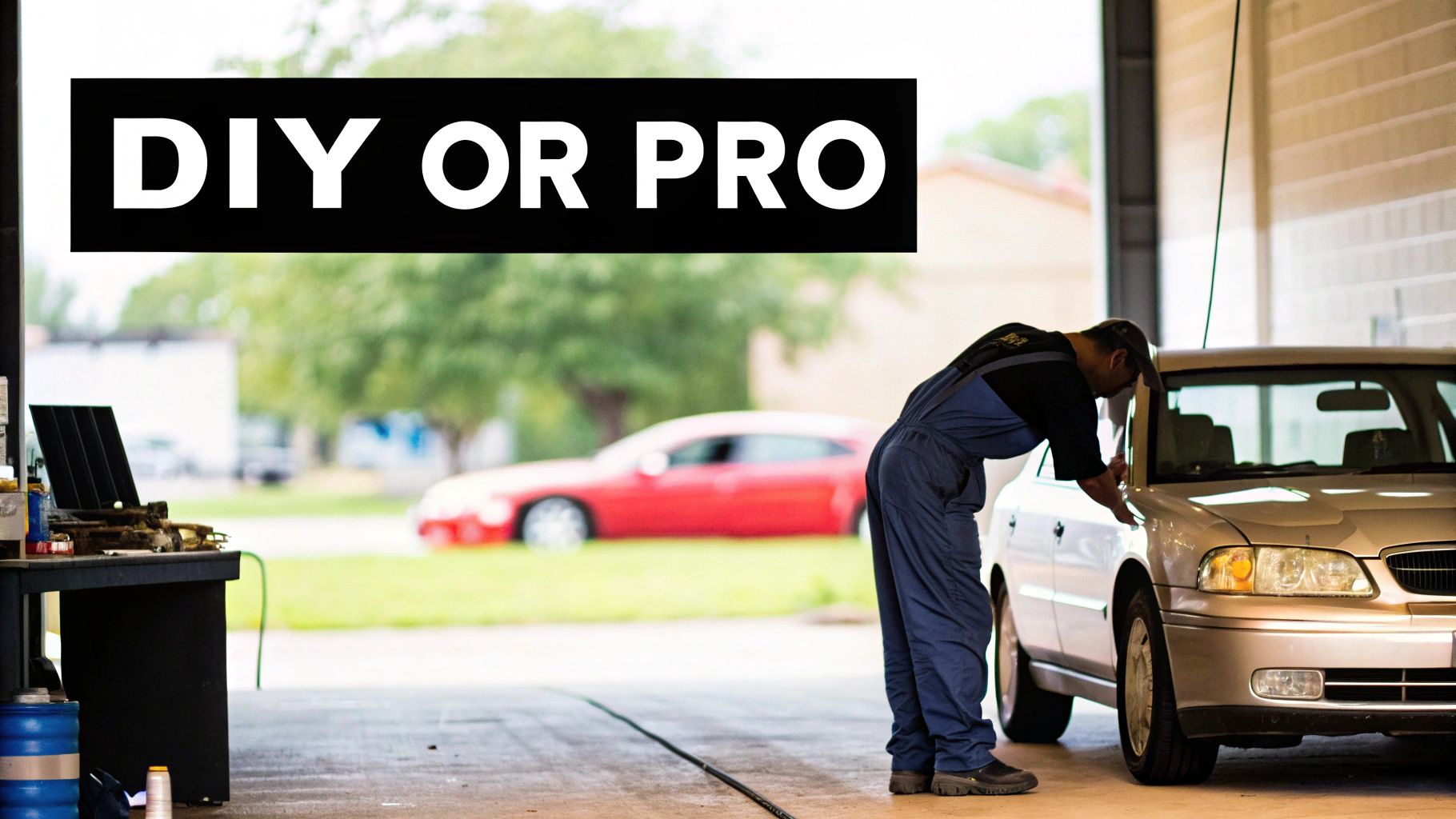 A person in blue overalls leans into a silver car, with