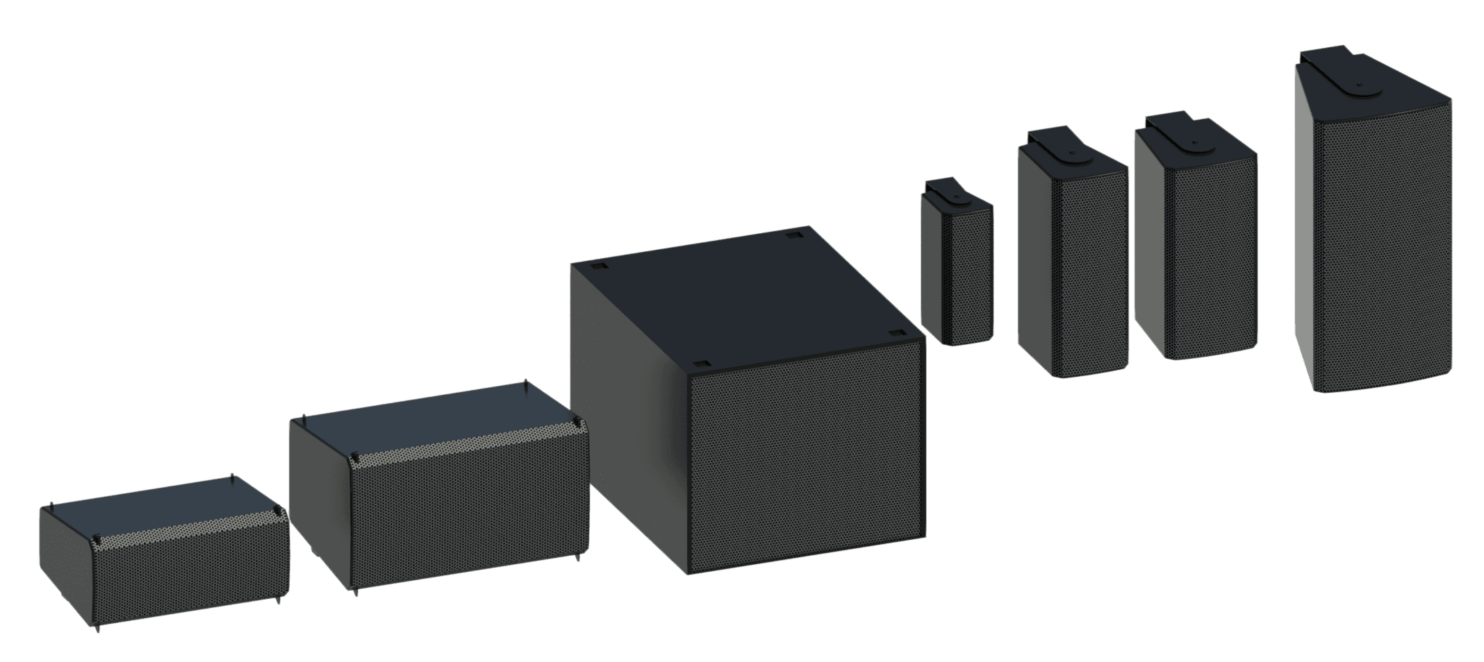 PL Series consists of two loudspeakers, a subwoofer and four-point source loudspeakers.