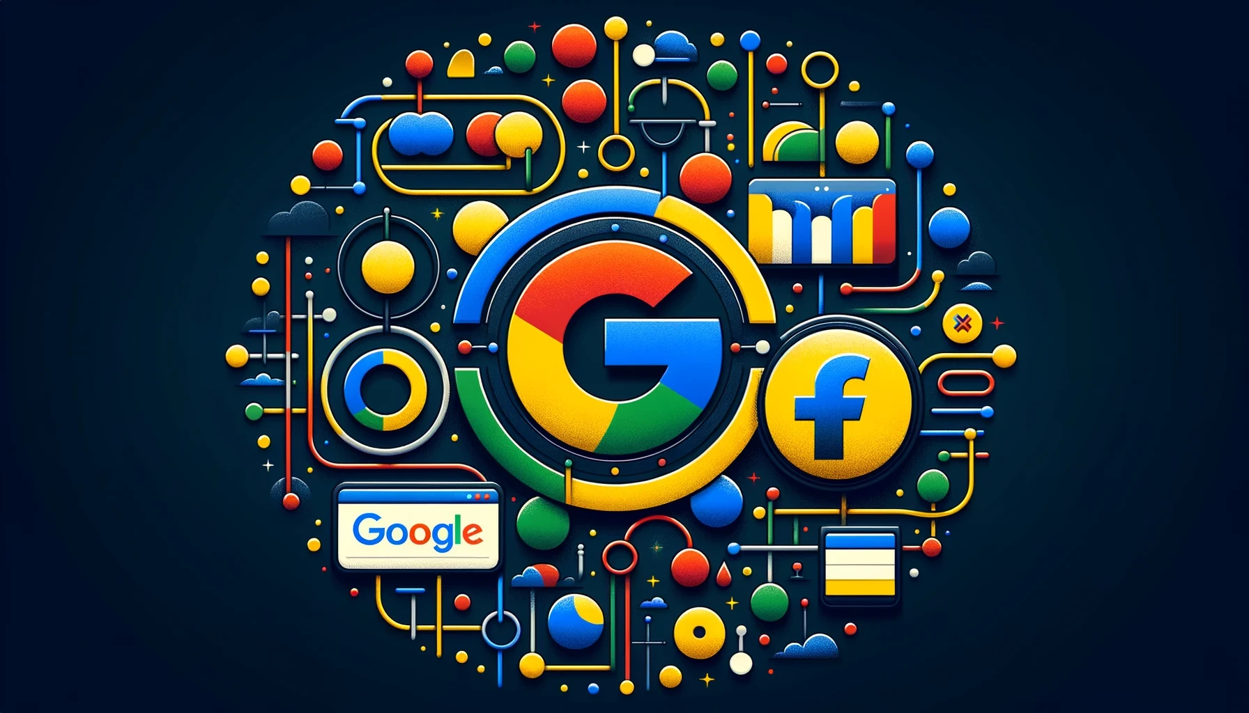 The hero image for this blog post, depicting the Google and Facebook logos within a cloud of marketing iconography