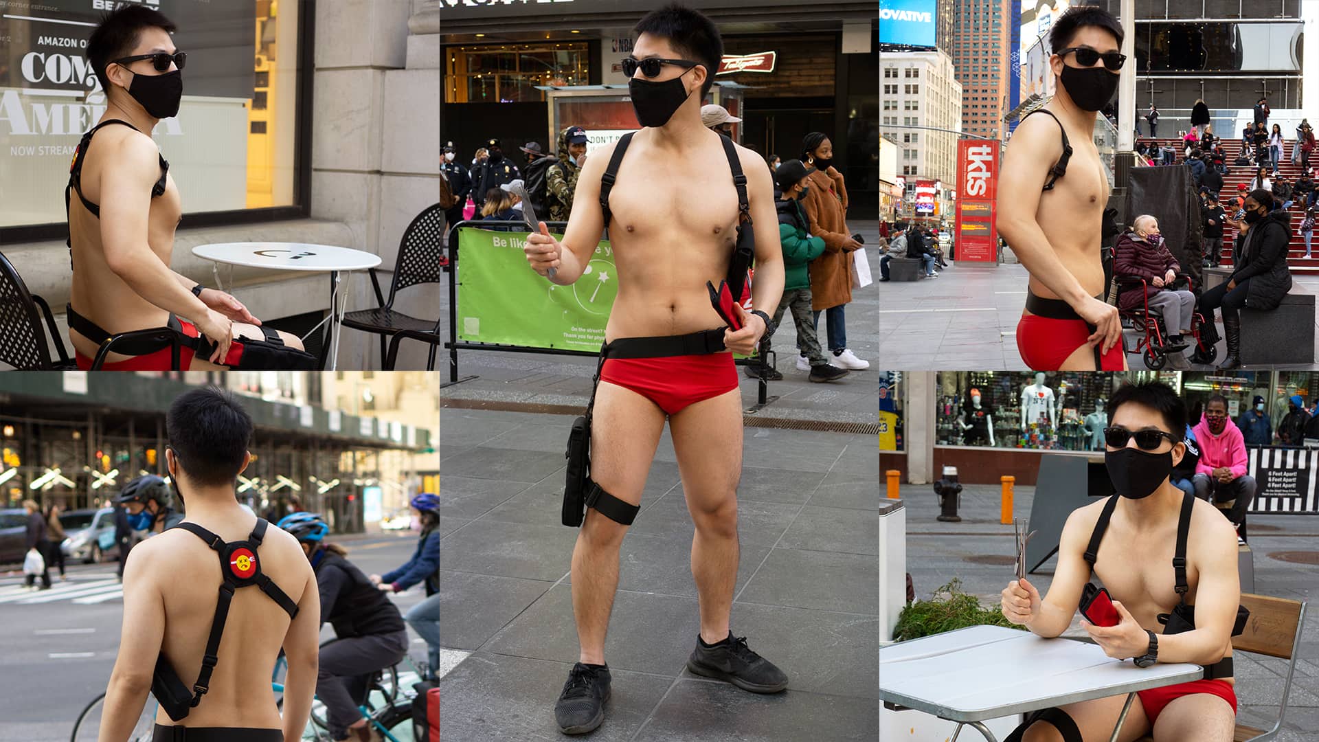 A man wearing red briefs, a black harness, and sunglasses stands shirtless on a city sidewalk. He is wearing a black face mask covering his nose and mouth. Behind him, a green banner is visible. Other people, some wearing face masks, are visible in the background. The man is positioned in multiple photos arranged in a collage.