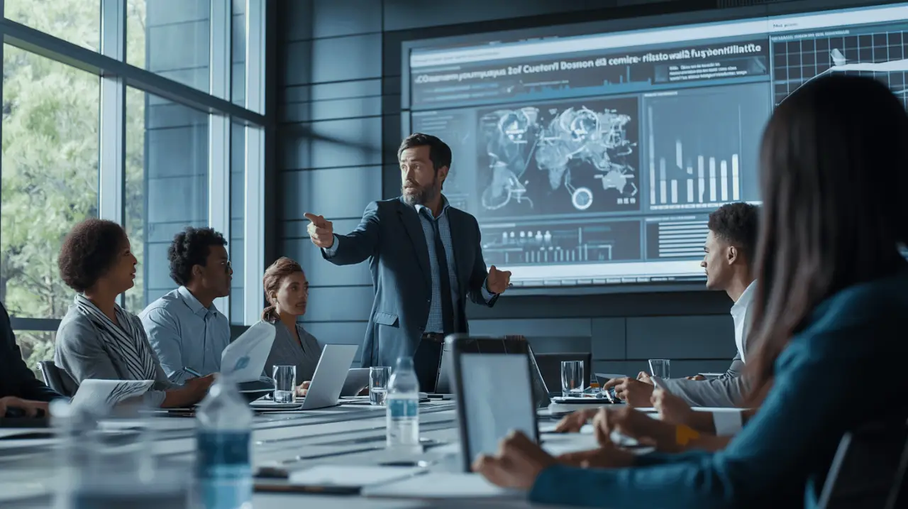 Presenter addressing a boardroom in front of a large data display.